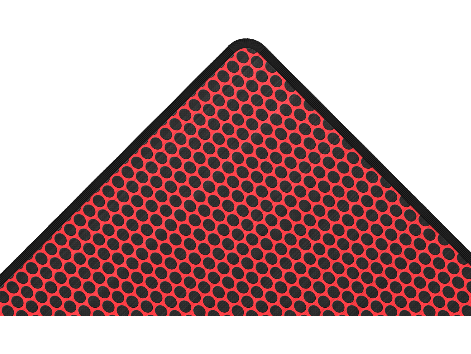 Czerwony trójkąt z czarnymi kropkami na czarnym tle.