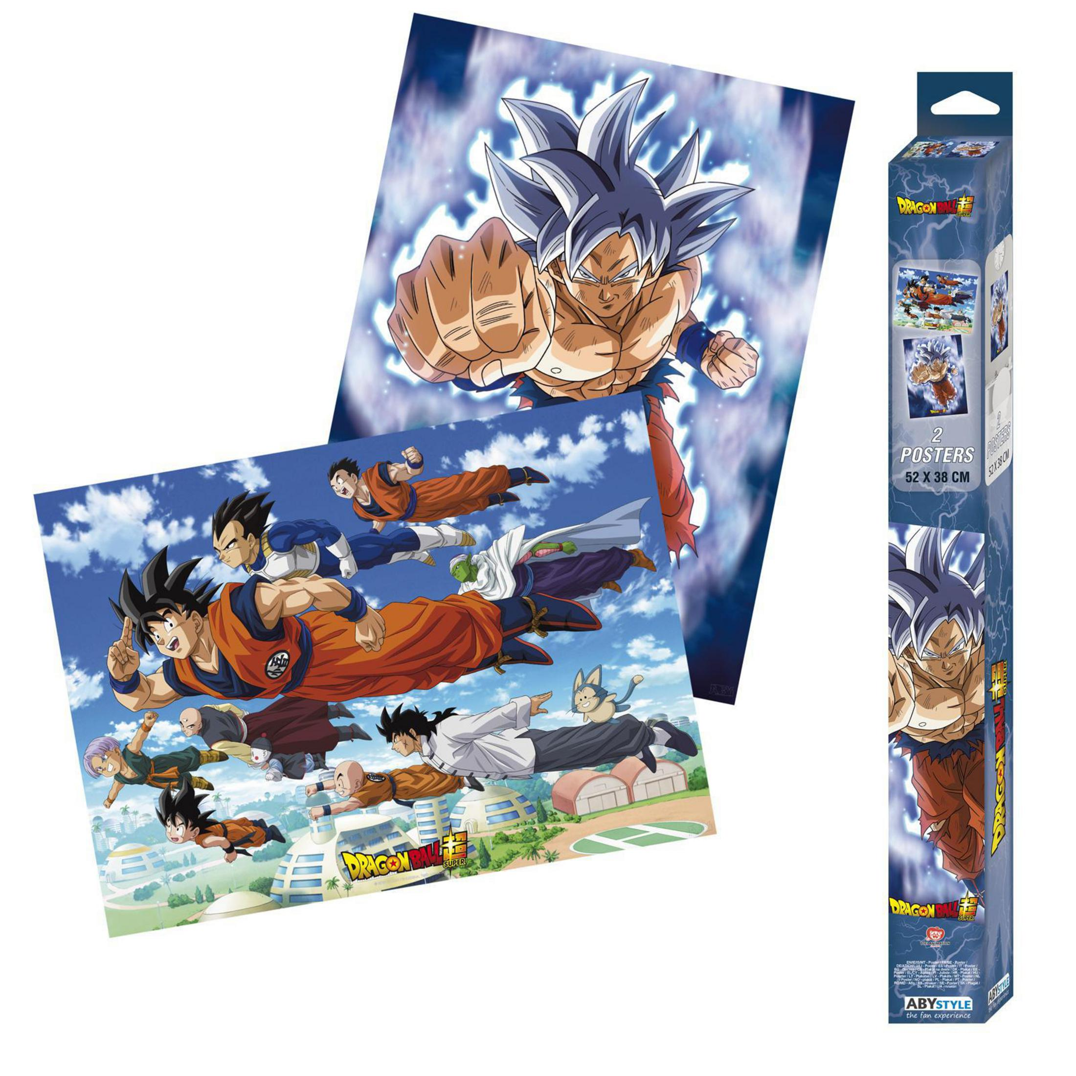 Dragon Ball Poster-Set mit Charakteren im Flug, Goku im Fokus.