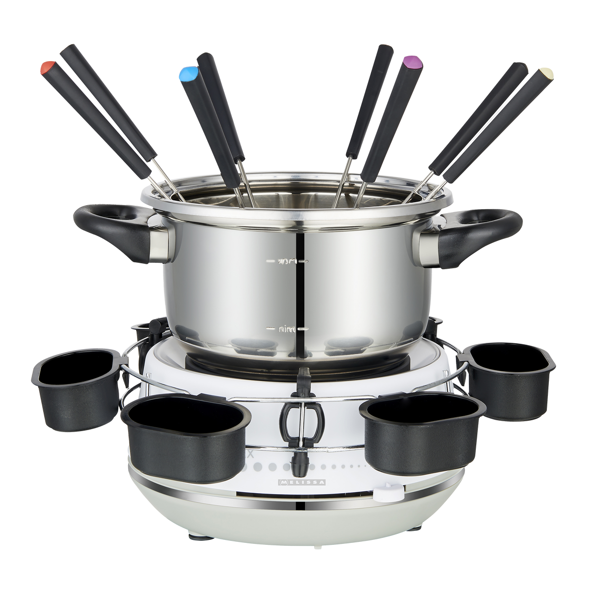 Srebrny garnek do fondue z kilkoma kolorowymi widelcami do fondue i czarnymi miseczkami.