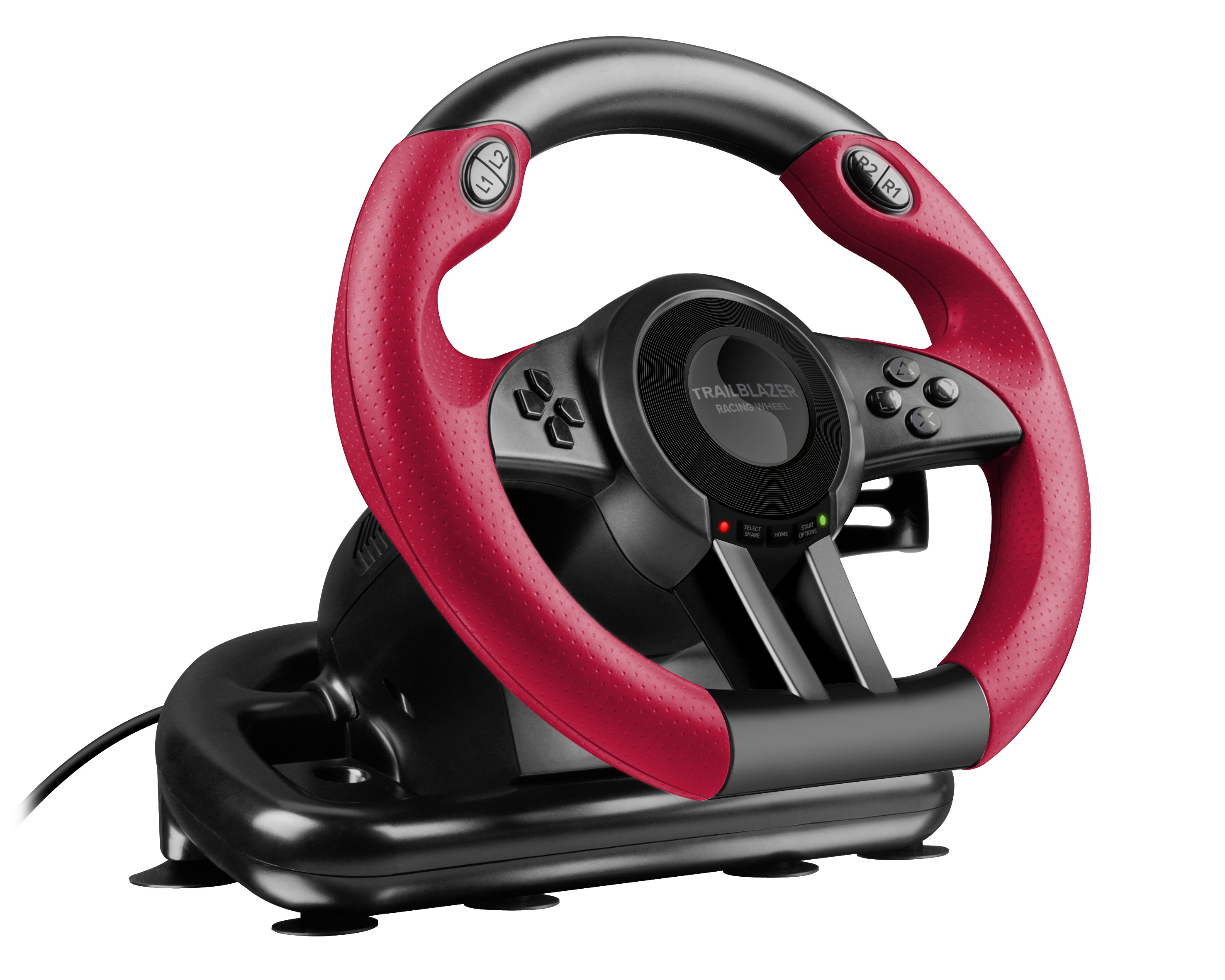 A black racing wheel with red grips and buttons, set against a white background.
