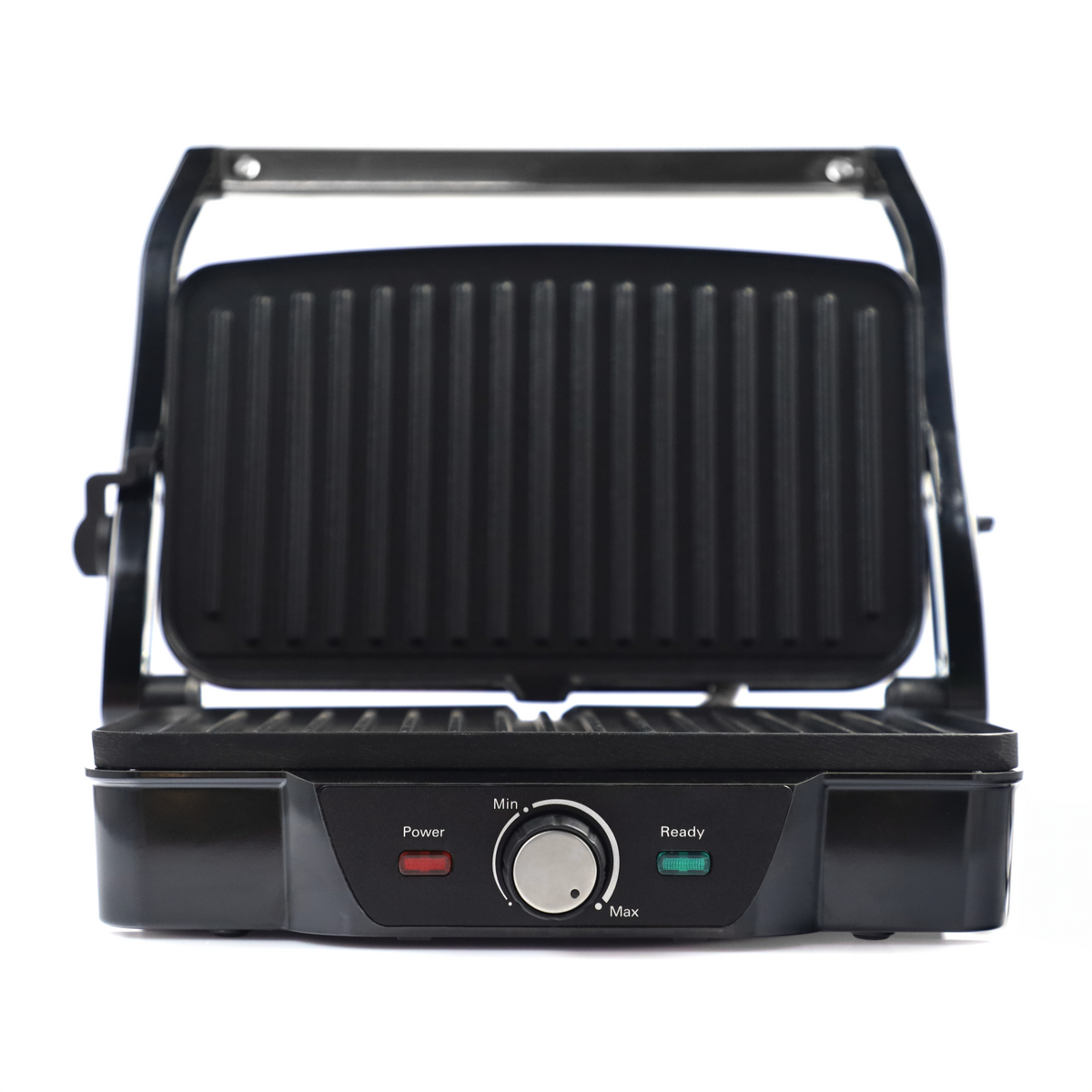 Otwarty czarny grill kontaktowy z prążkowanymi płytami grzewczymi i przyciskami.