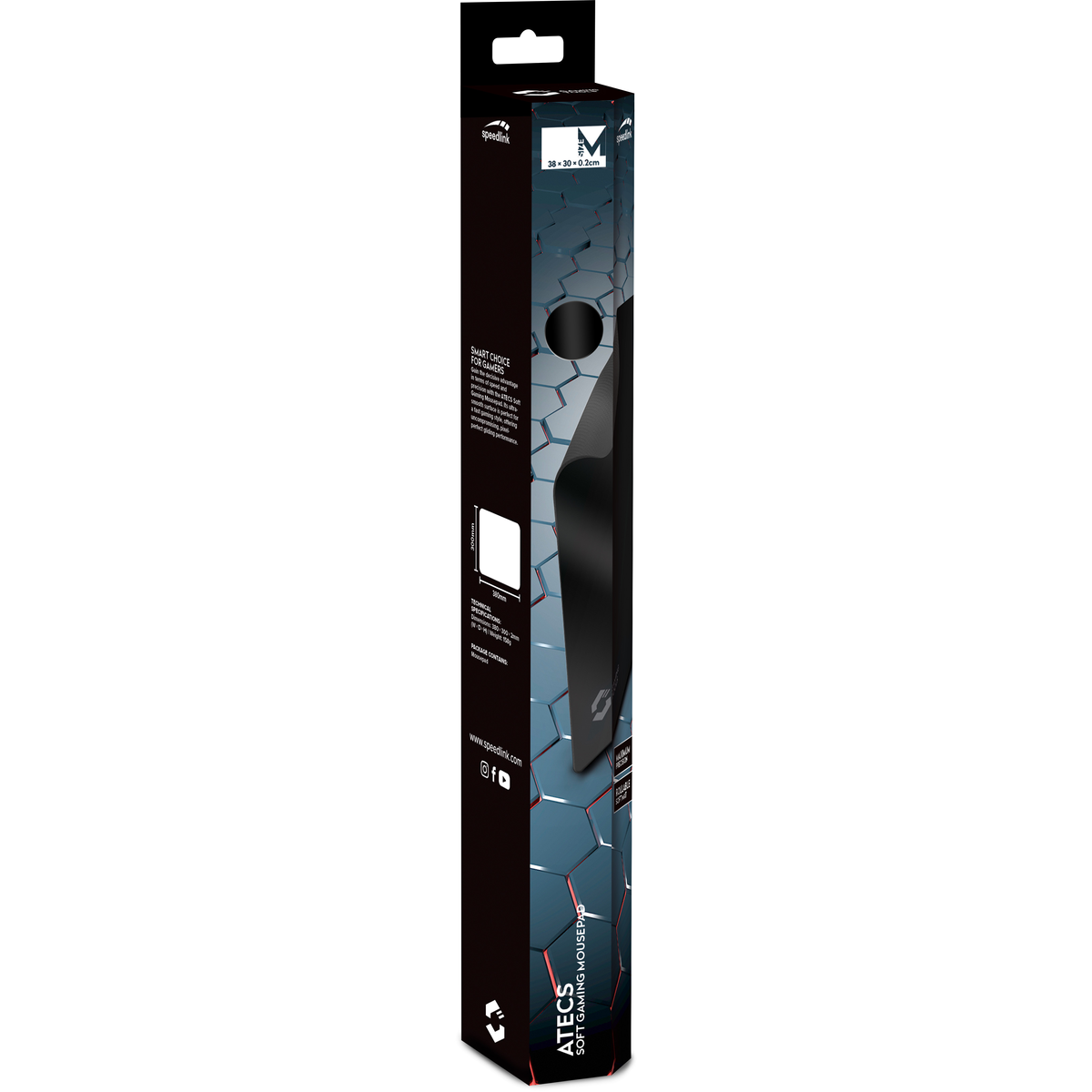 Opakowanie czarnej podkładki pod mysz z czerwonymi i niebieskimi wzorami heksagonalnymi.