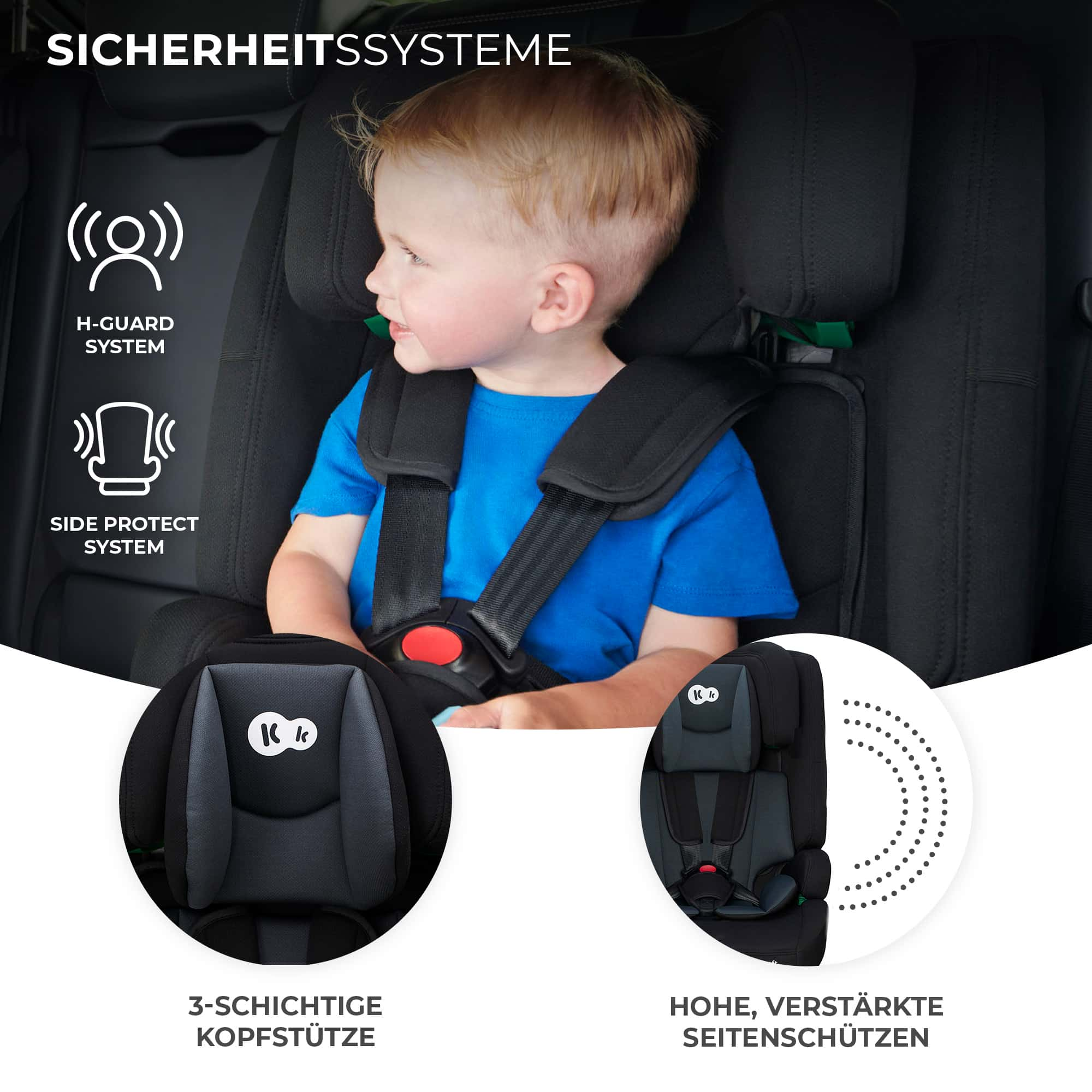 Kind im Autositz mit H-Guard und Seitenschutzsystem.