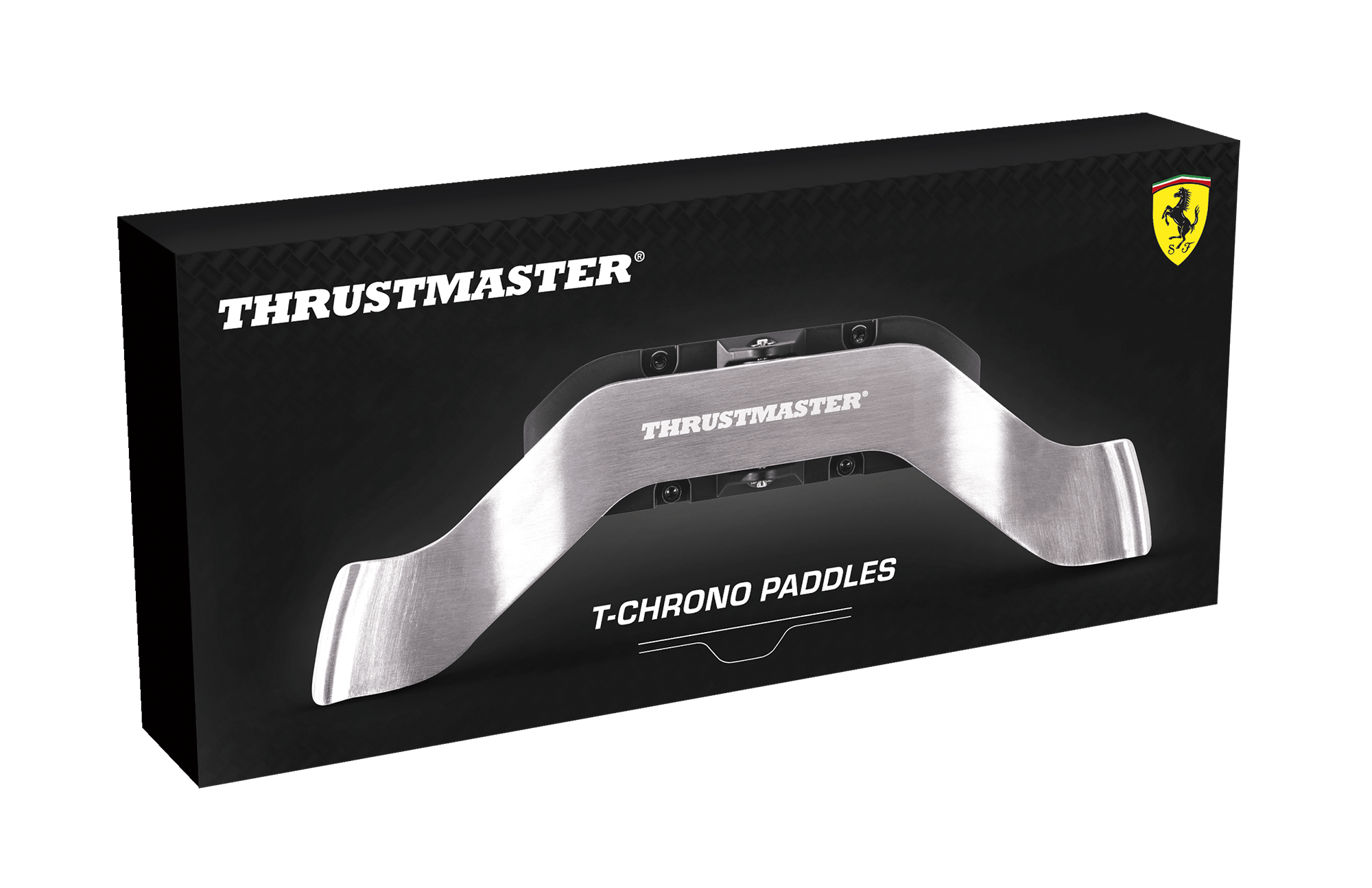 Schwarze Box mit Thrustmaster T-Chrono Paddles und Ferrari-Logo.