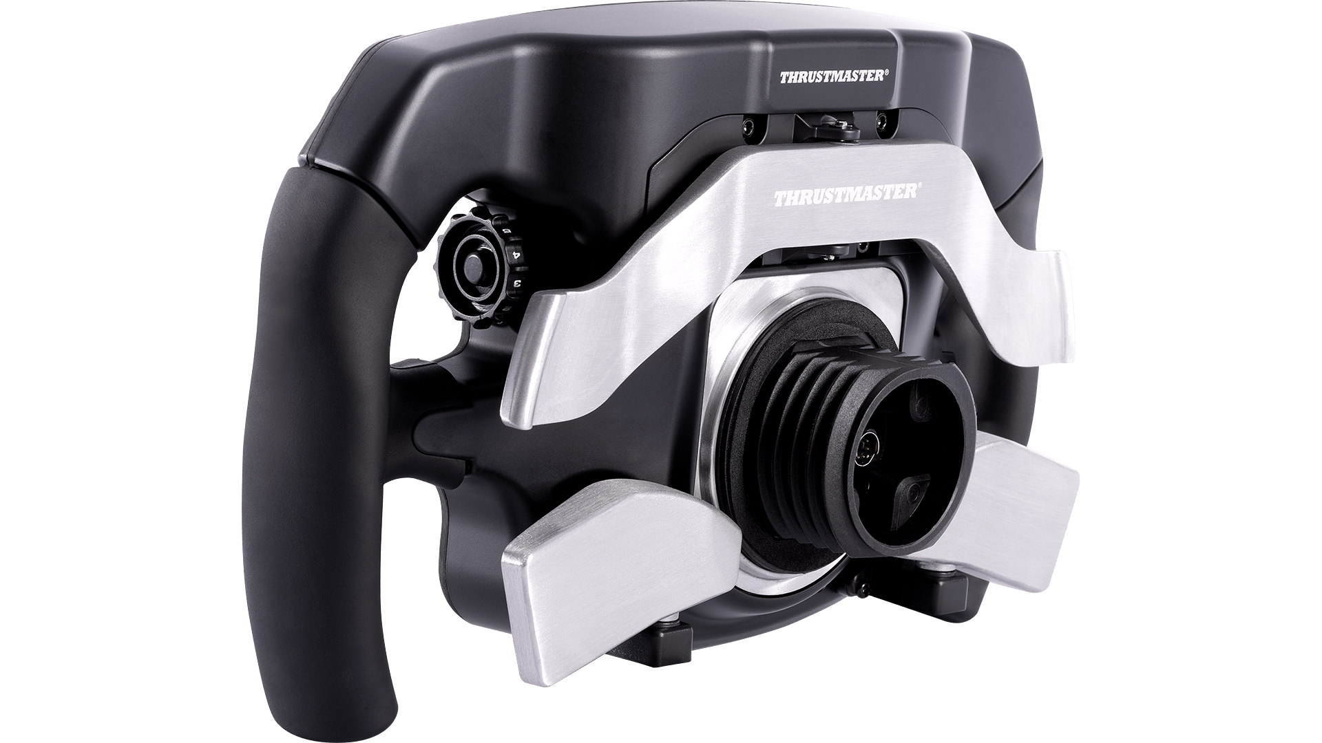 Schwarzes Rennlenkrad mit silbernen Akzenten und Thrustmaster-Logo.