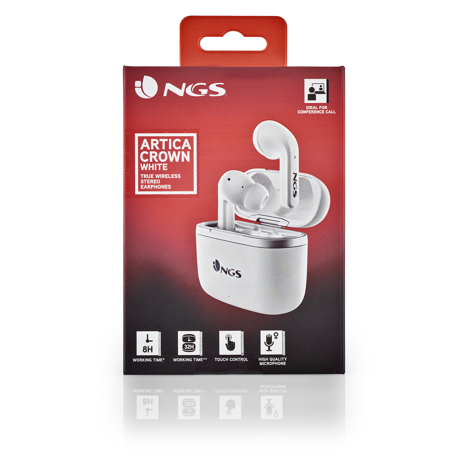 Verpackung von weißen NGS Artica Crown True Wireless Stereo-Ohrhörern mit Ladecase.
