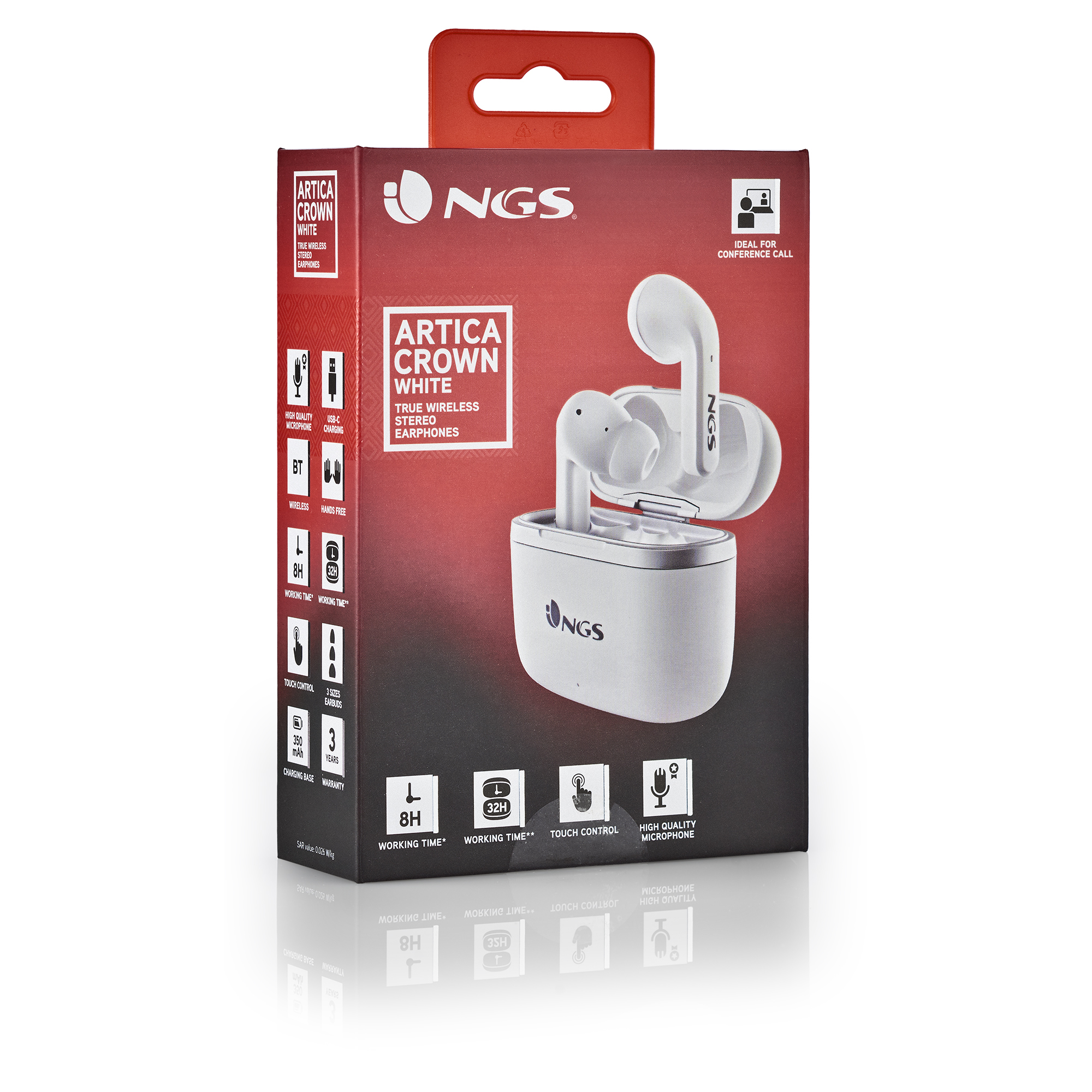 Verpackung für weiße NGS Artica Crown True Wireless Stereo-Ohrhörer.