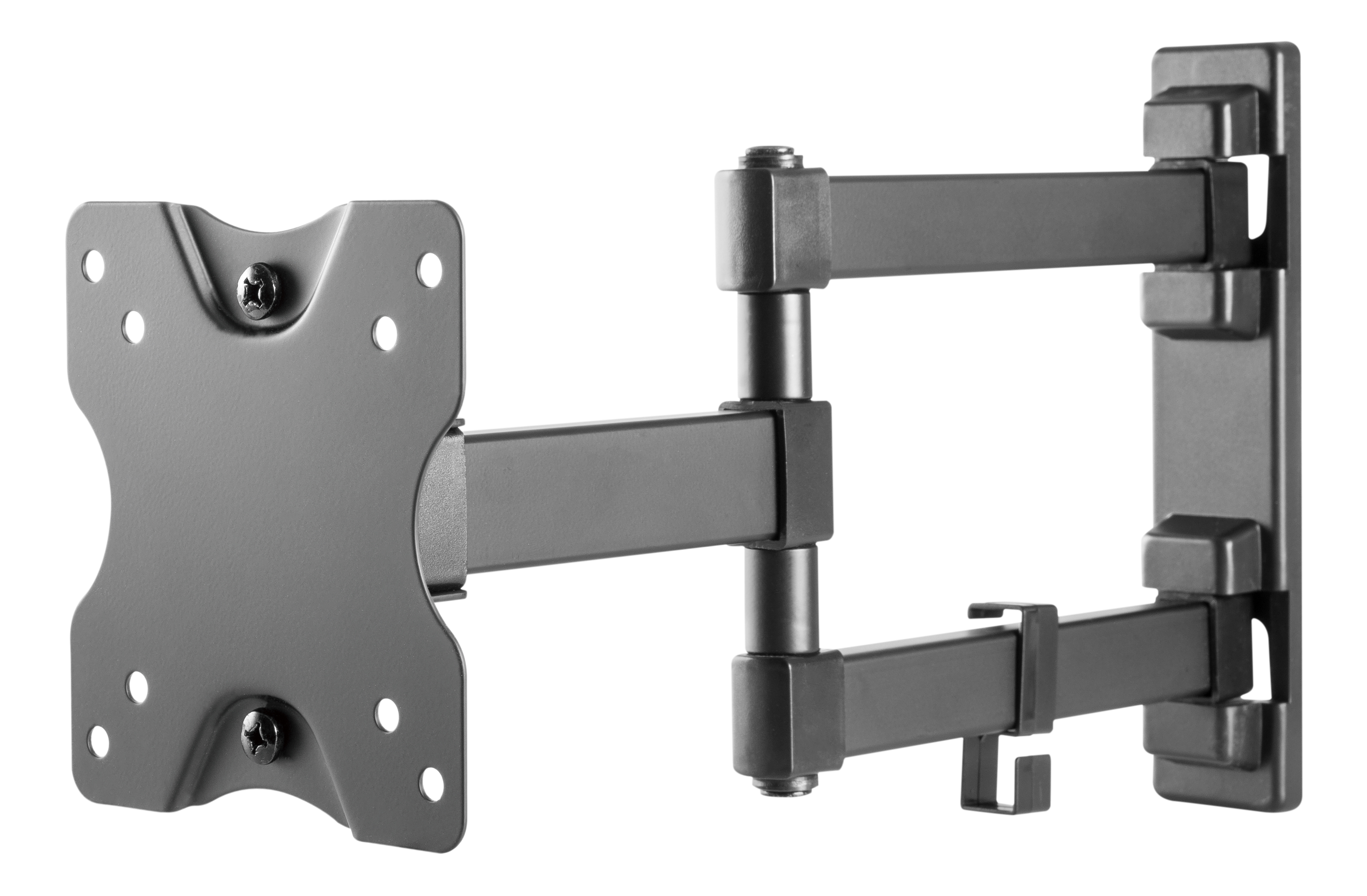 Ein grauer schwenkbarer TV-Wandhalter mit einem rechteckigen Montagesockel und Armen.
