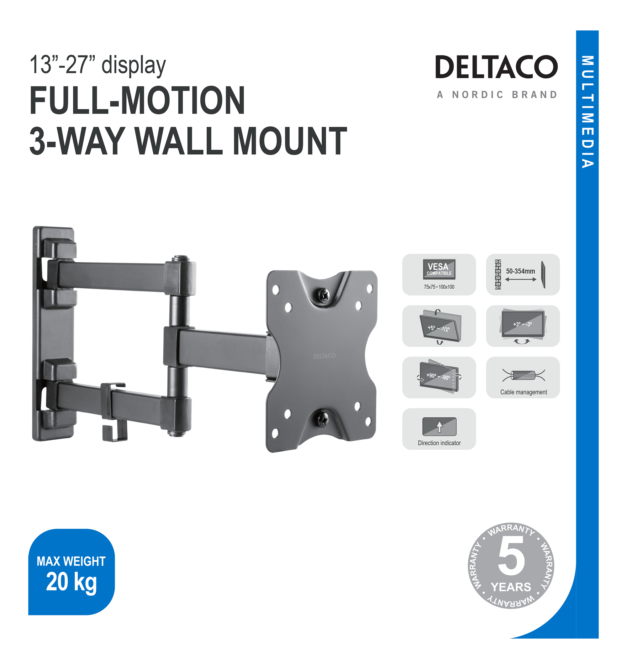 Schwarze DELTACO Wandhalterung für 13-27 Zoll Displays, 20kg max. Last.