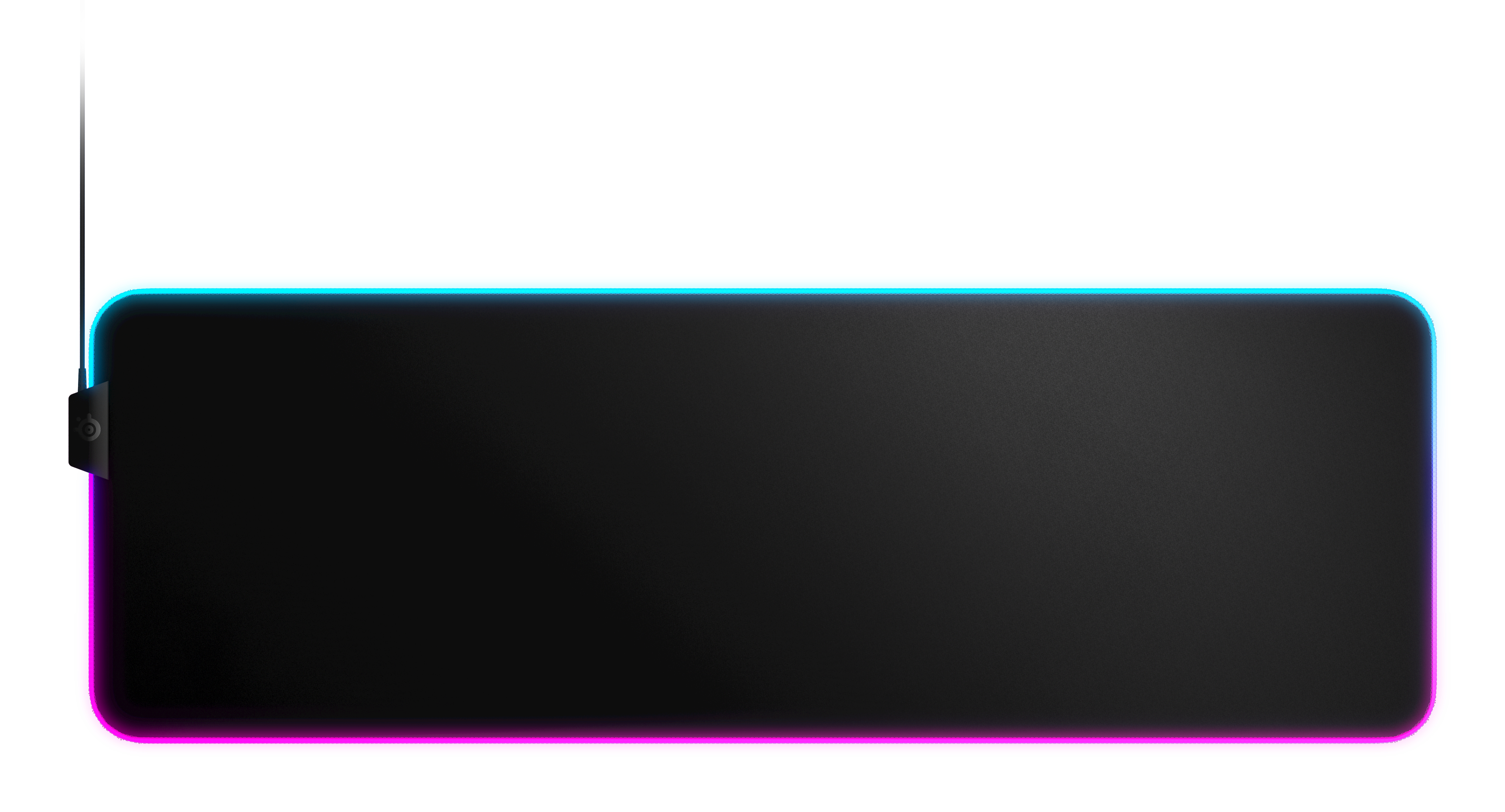 Black mousepad with blue-pink RGB lighting and logo on the left.