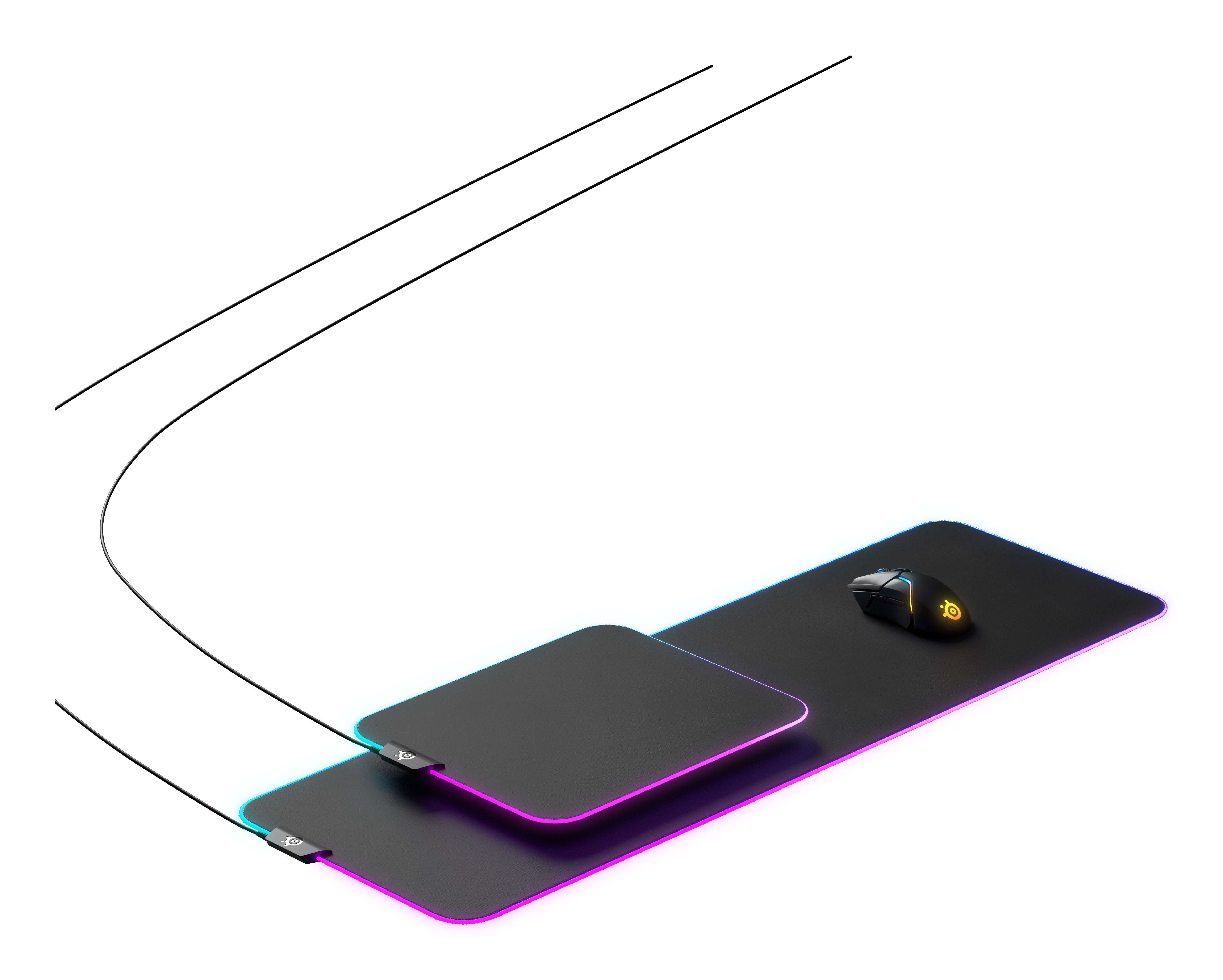 A black mouse and a rectangular object on illuminated mousepads.