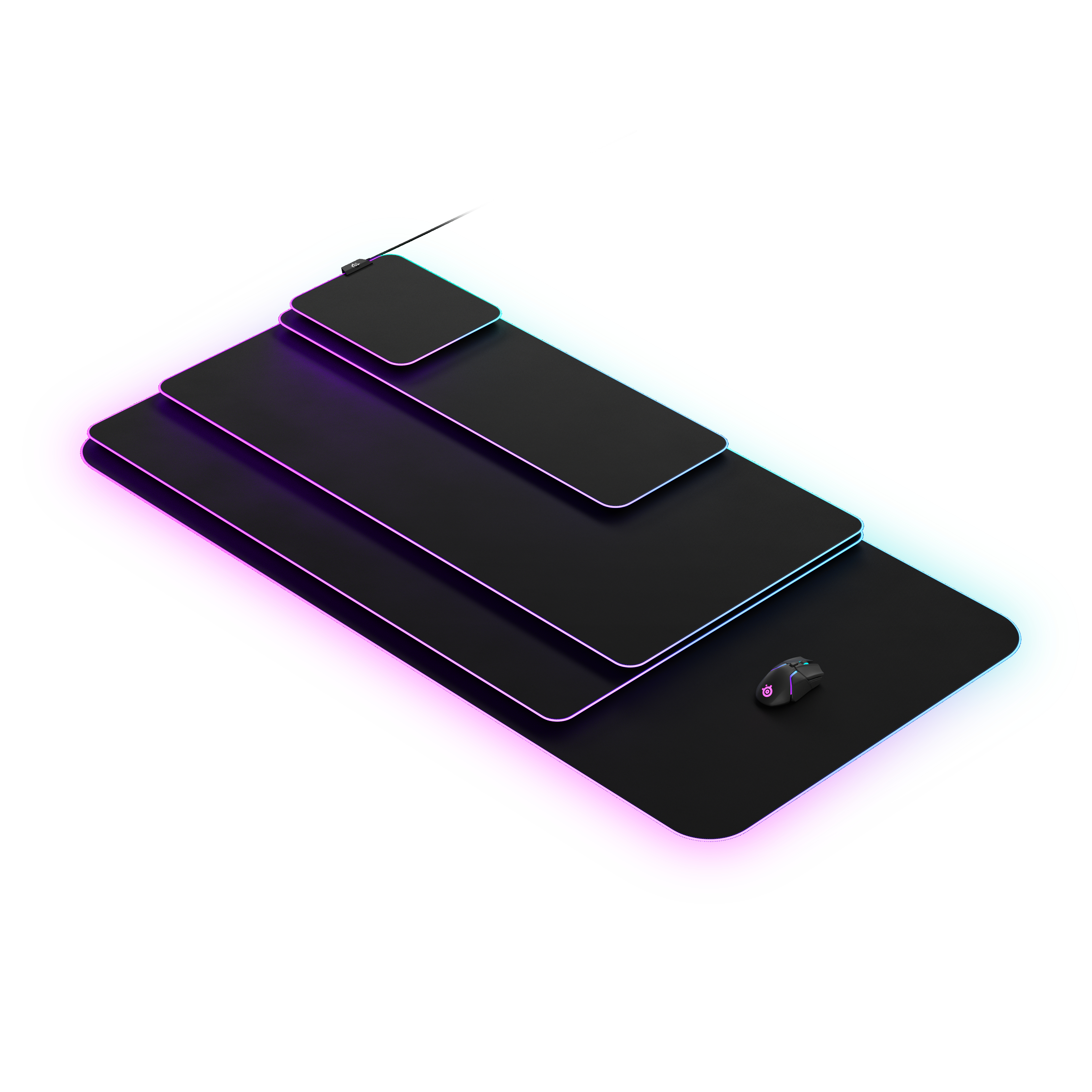 Black mousepad with RGB lighting and mouse, on a white background.