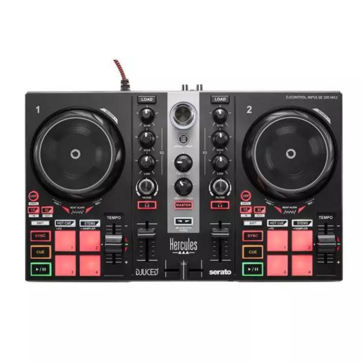 Een zwarte DJ-controller met twee draaitafels, pads en knoppen.
