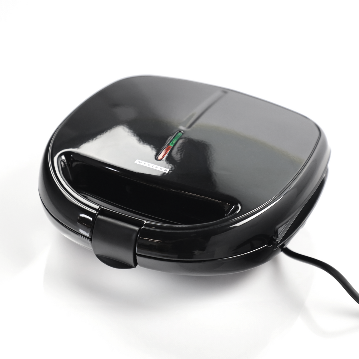 Zamknięta czarna gofrownica z logo MELISSA i lampkami kontrolnymi.