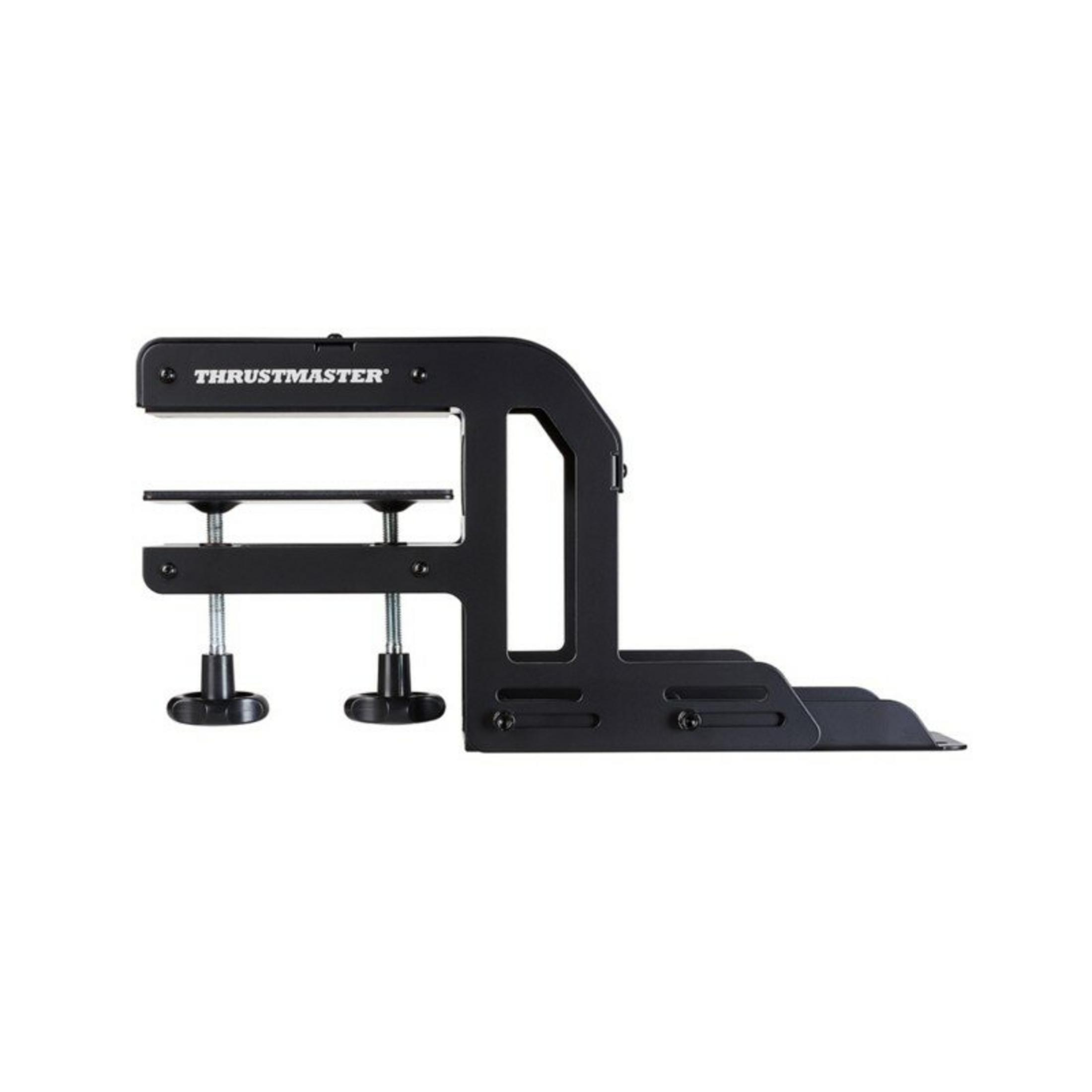 Schwarze Thrustmaster-Halterung mit Klemmen und Einstellknöpfen.