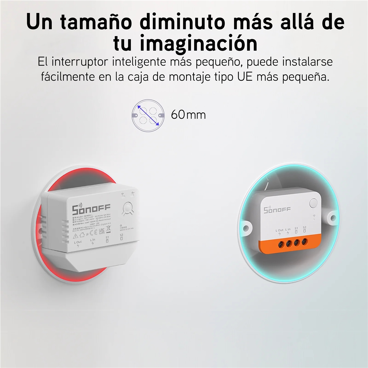 Dos interruptores Sonoff en cajas de pared redondas, uno iluminado rojo, otro azul.