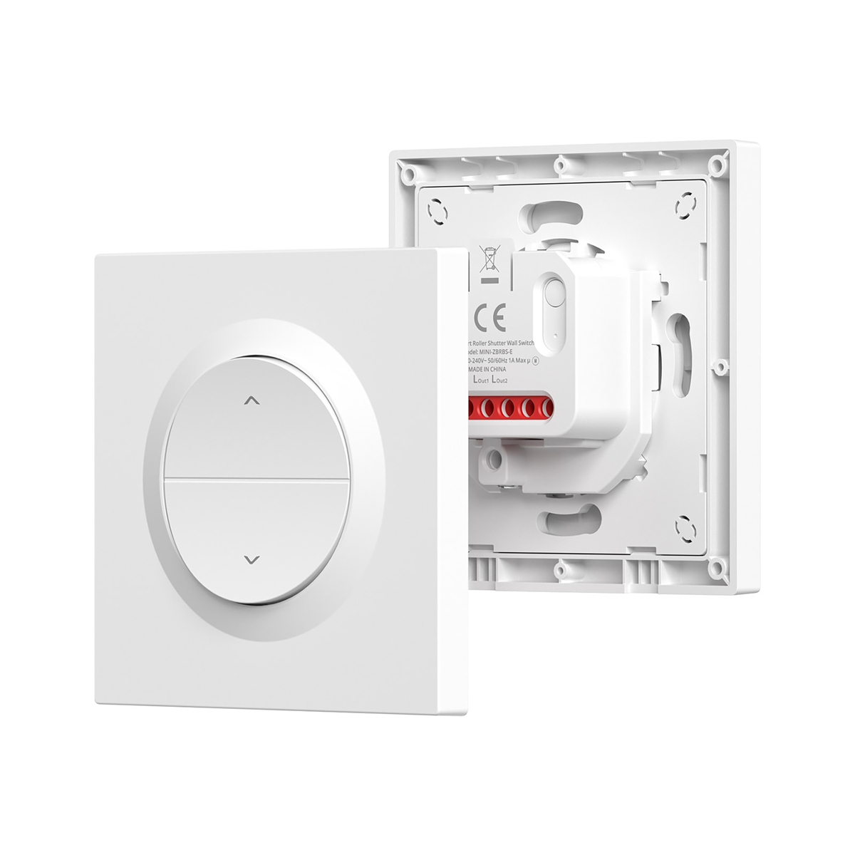 Interruptor de pared blanco para persianas con botones de flecha.