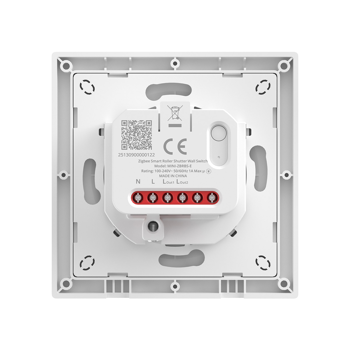 Parte posterior de un interruptor blanco inteligente Zigbee para persianas.