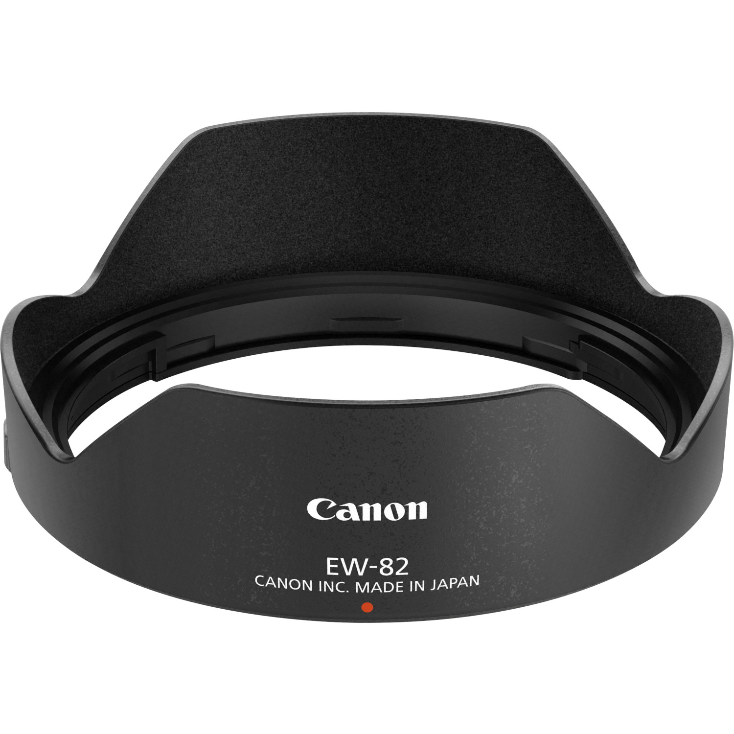Schwarze Canon EW-82 Gegenlichtblende für Objektive, auf weißem Hintergrund.