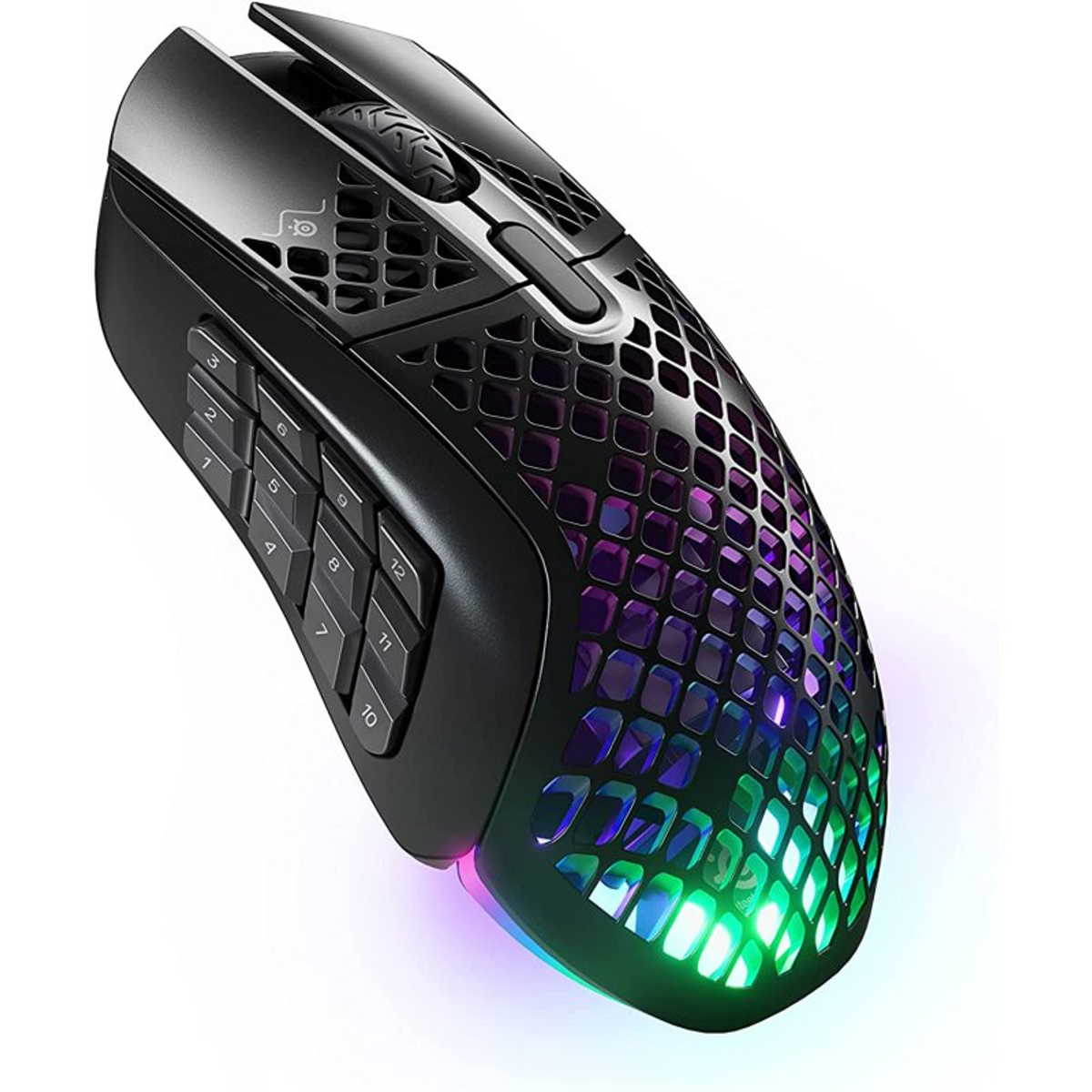 Czarna mysz gamingowa z numerowanymi przyciskami i kolorowym RGB.
