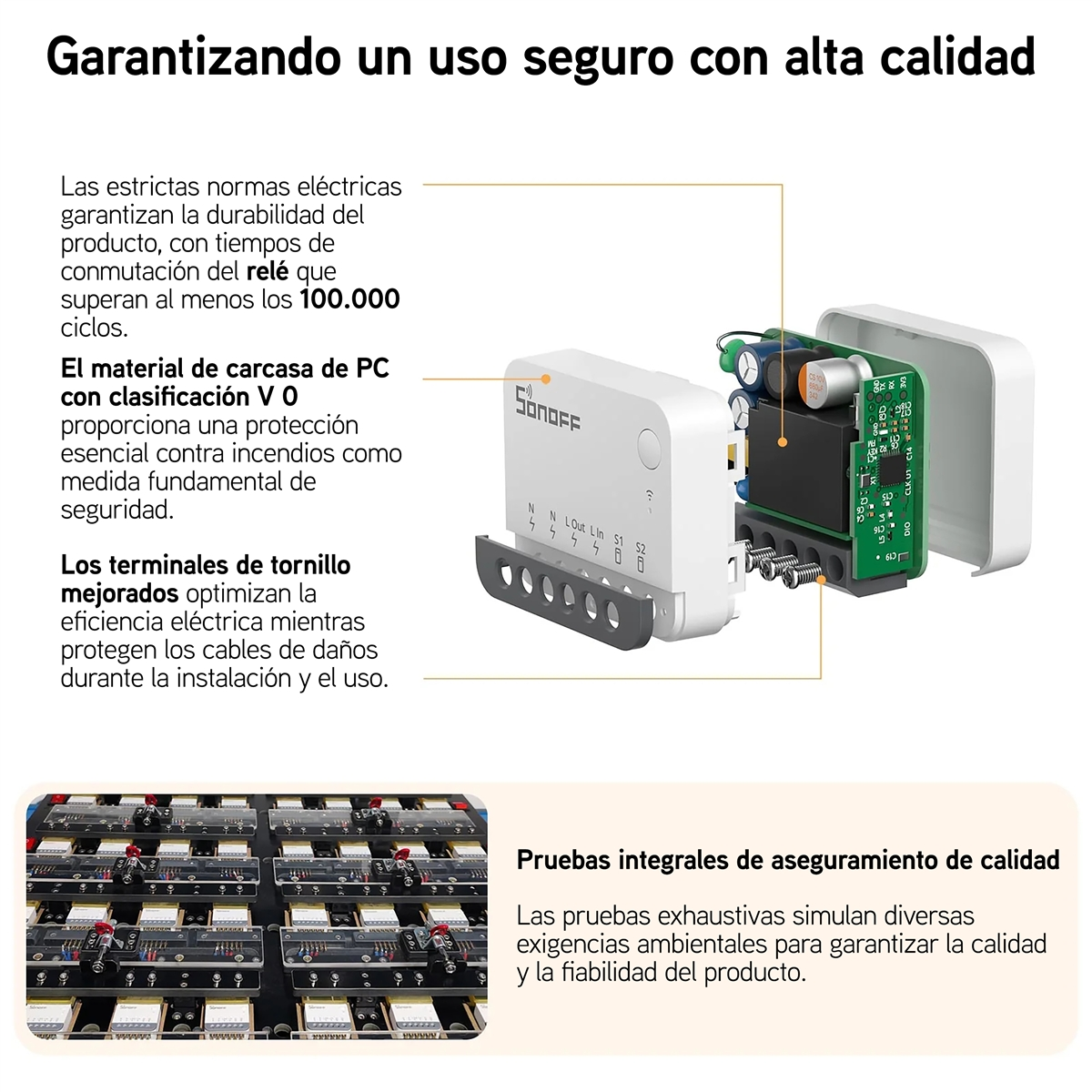 Biały przełącznik Sonoff z otwartą obudową, pokazujący płytkę i złącza.