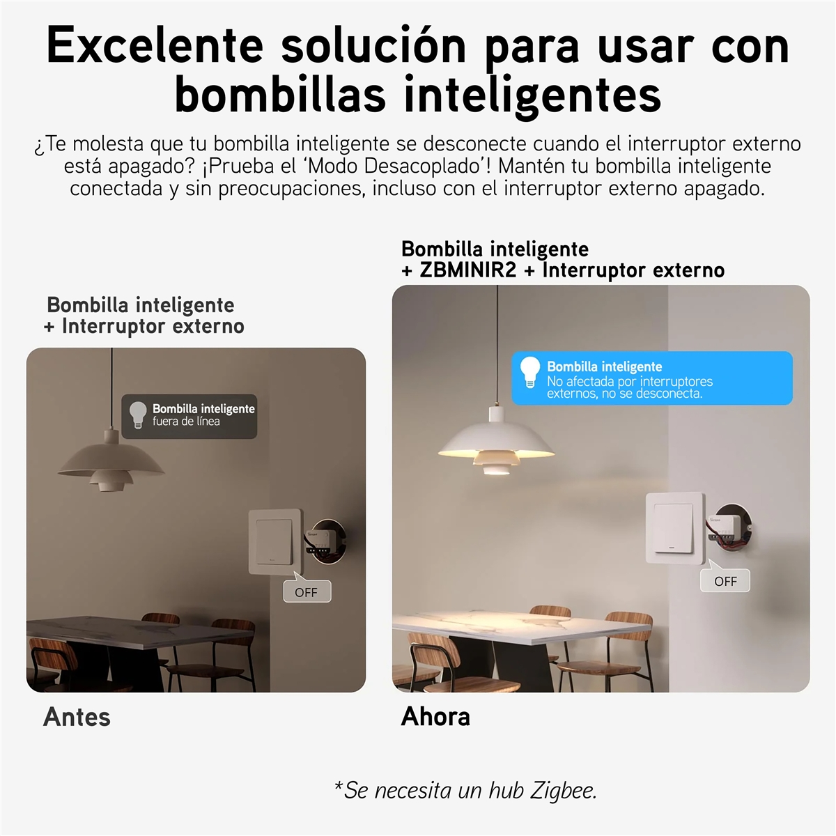 Porównanie: Inteligentna żarówka z zewnętrznym przełącznikiem (lewa offline).