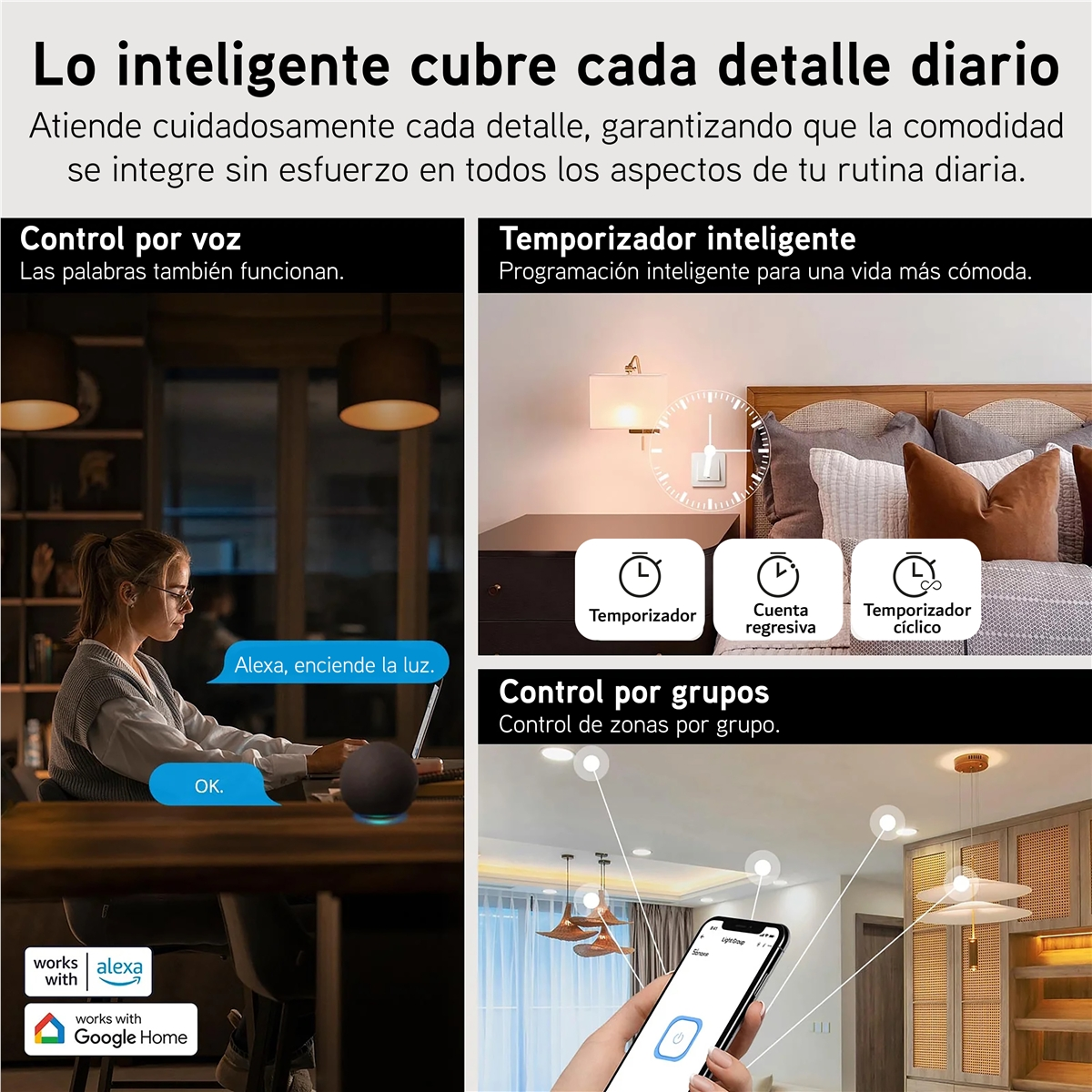 Kobieta używa Alexy do sterowania światłami głosem, z opcjami timera i grupy.