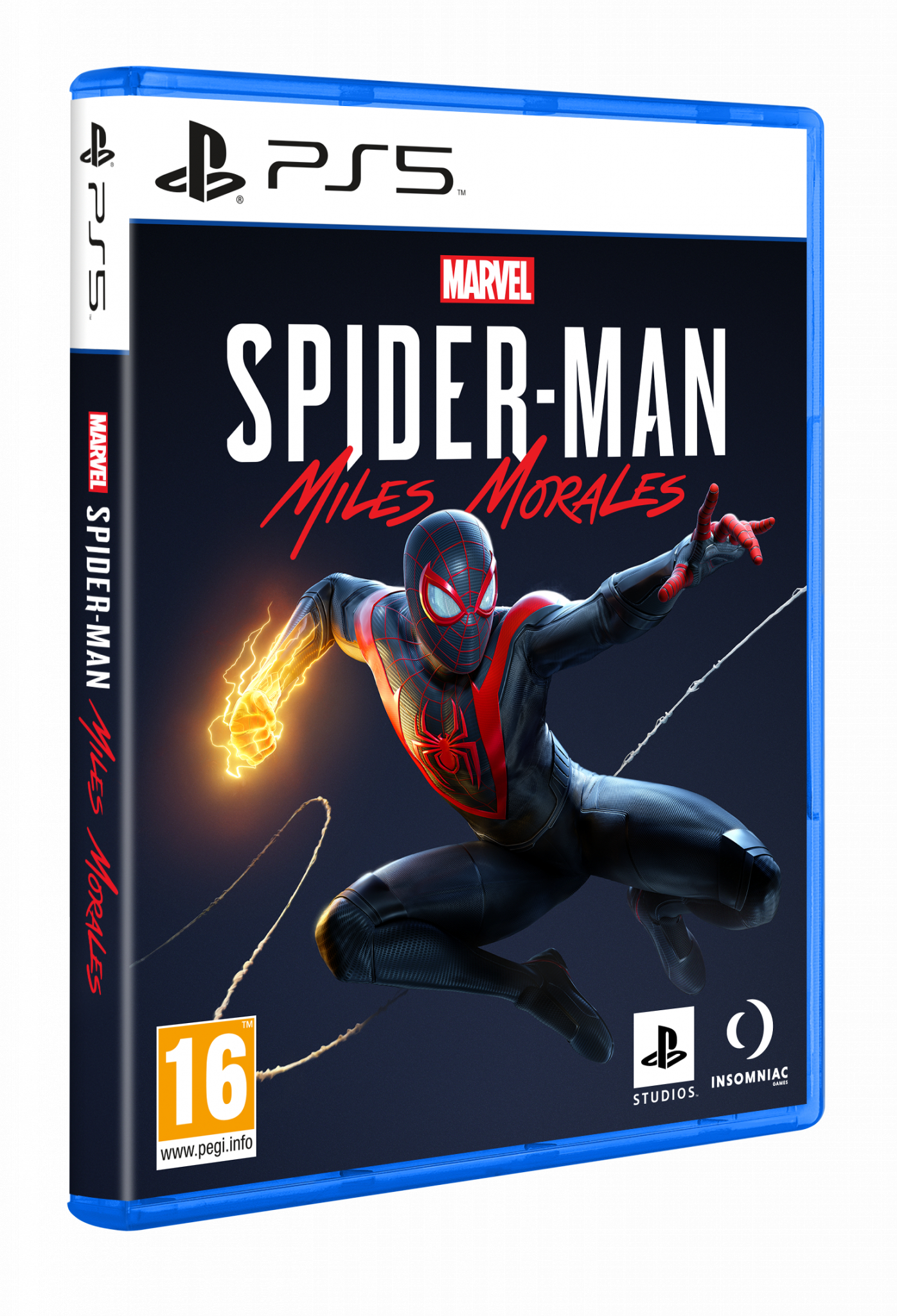 Spider-Man in tuta con accenti rossi punta alla telecamera con energia gialla.