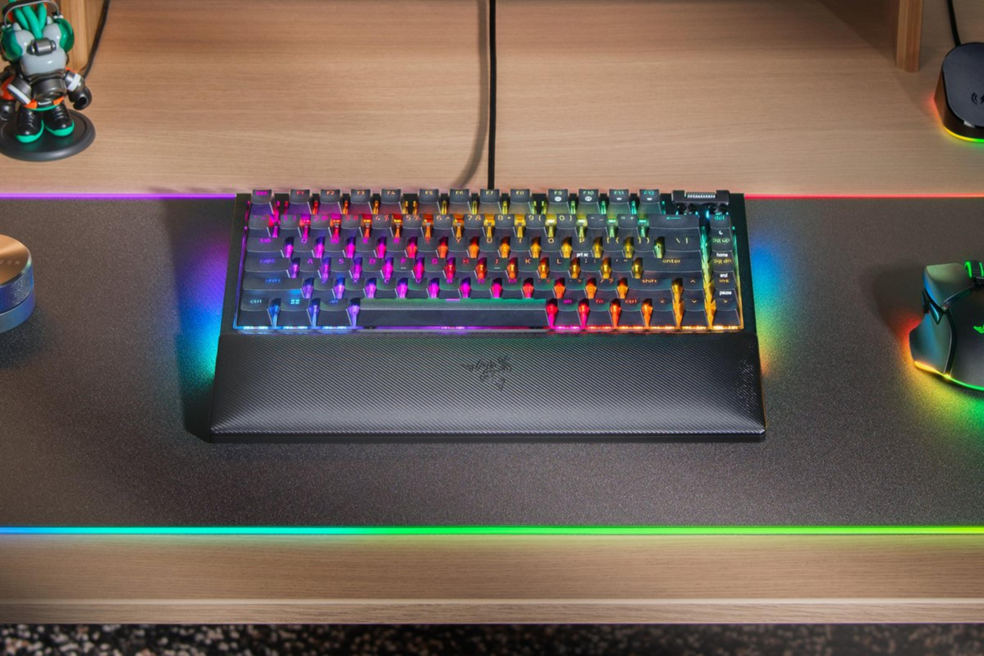 Een verlicht toetsenbord en muis op een houten bureau.