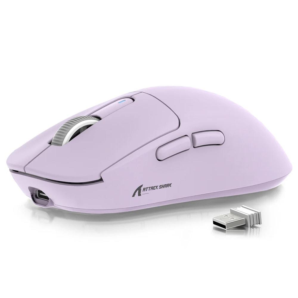 USB alıcılı ve logolu açık mor kablosuz fare.