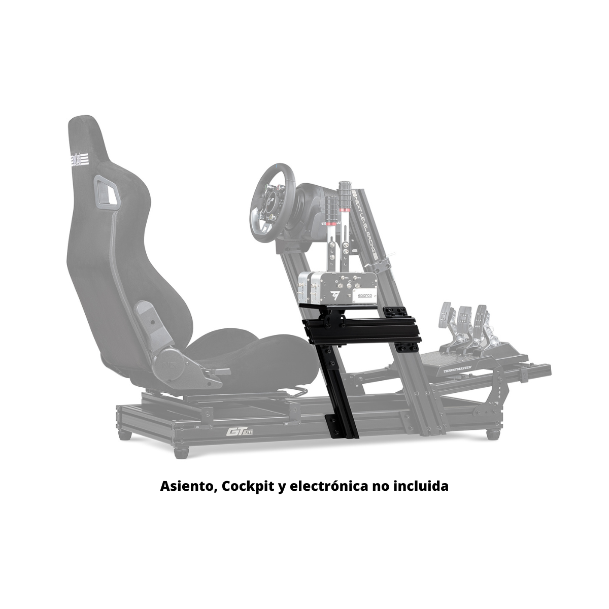 Un armazón de cabina de simulador de carreras negro con asiento, volante y pedales.