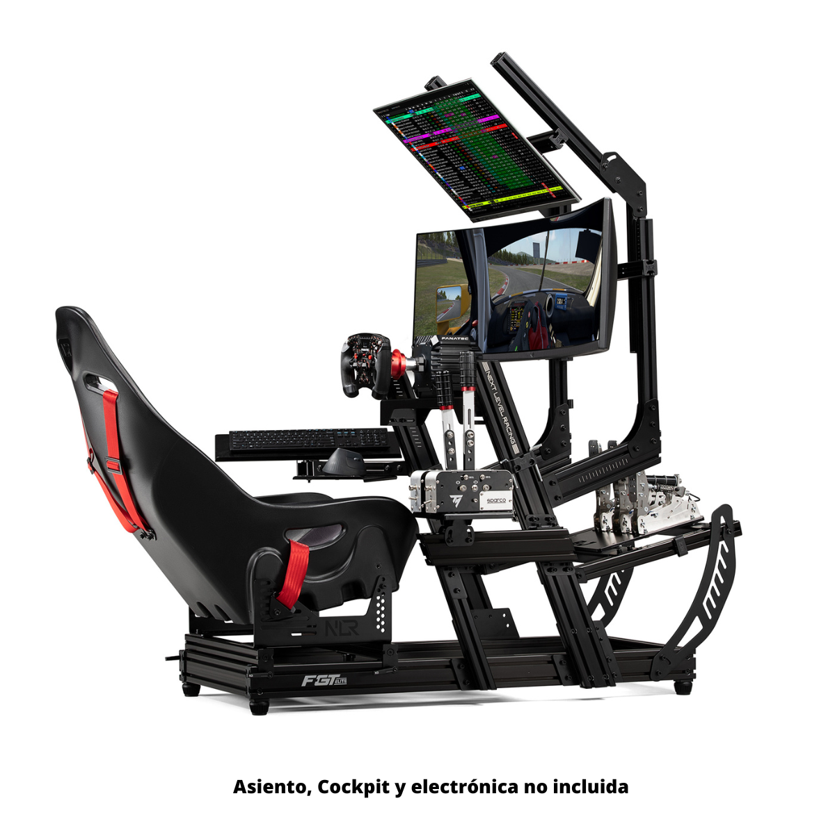 Un simulador de carreras negro con dos pantallas y volante.