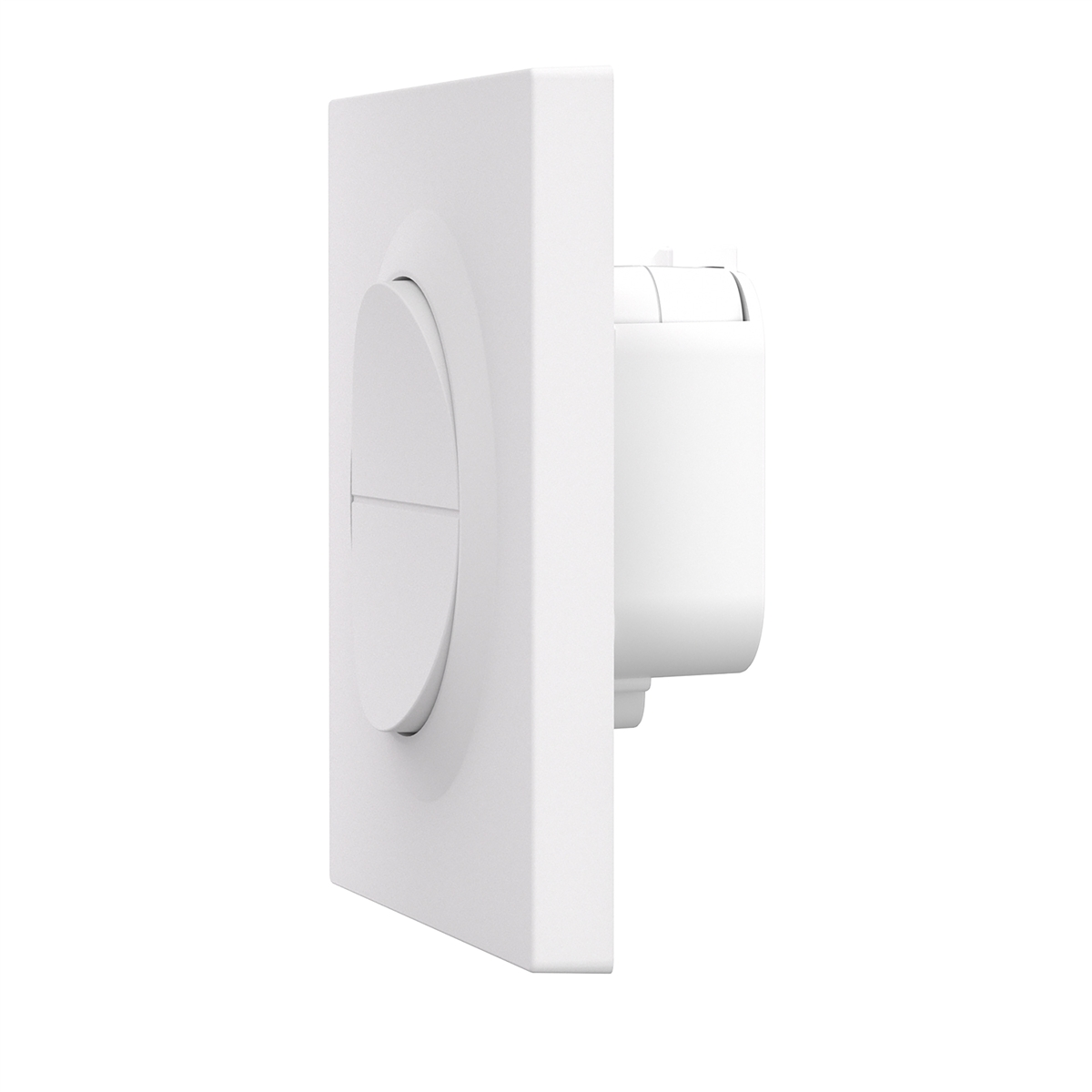 Biały włącznik światła z okrągłym przyciskiem na kwadratowej płytce.