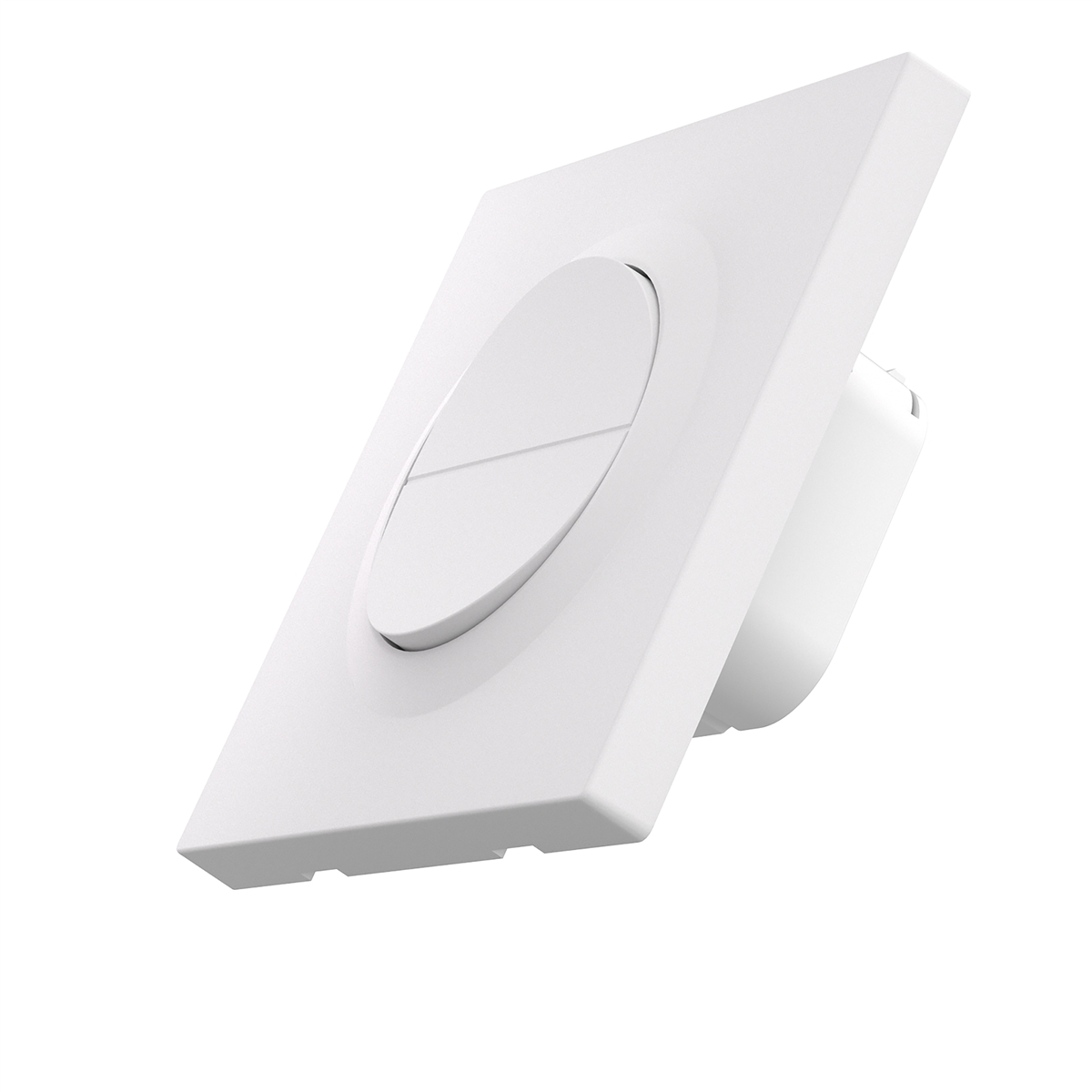 Biały przełącznik ścienny z owalnym przyciskiem podzielonym szczeliną.