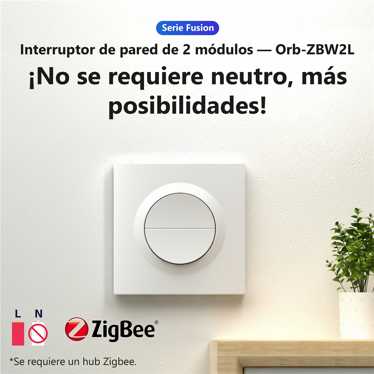 Biały przełącznik ścienny 2-modułowy z logo Zigbee i tekstem.