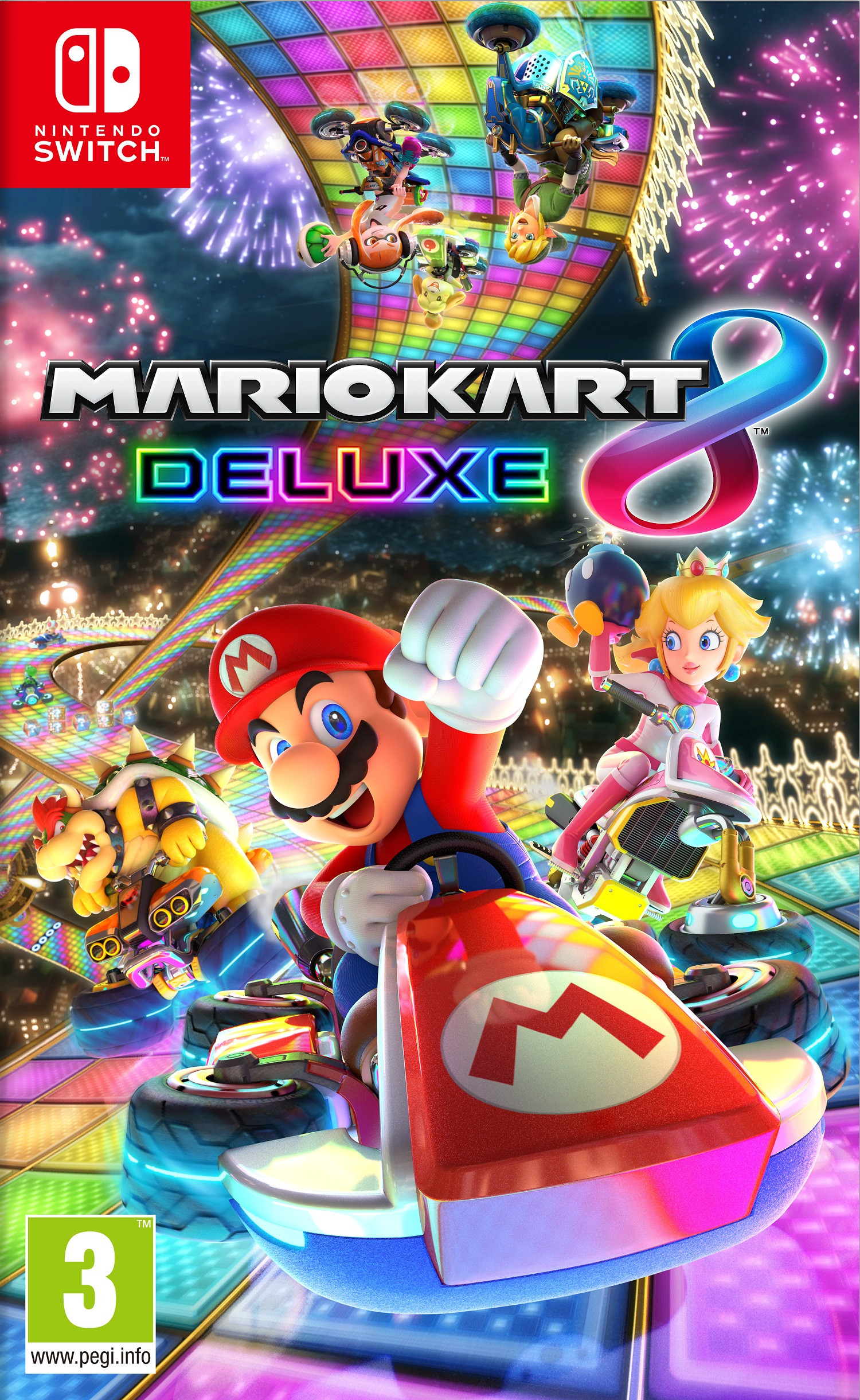Okładka Mario Kart 8 Deluxe: Mario, Peach, Bowser na kolorowych gokartach z fajerwerkami.