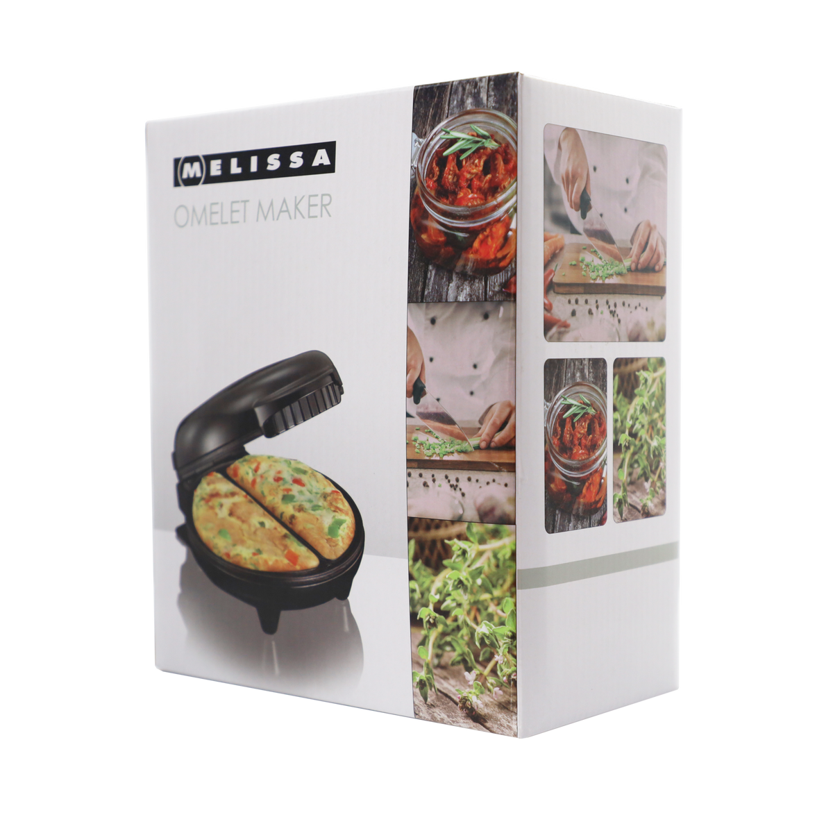 Opakowanie Melissa Omelet Maker z otwartą maszynką do omletów i omletami.