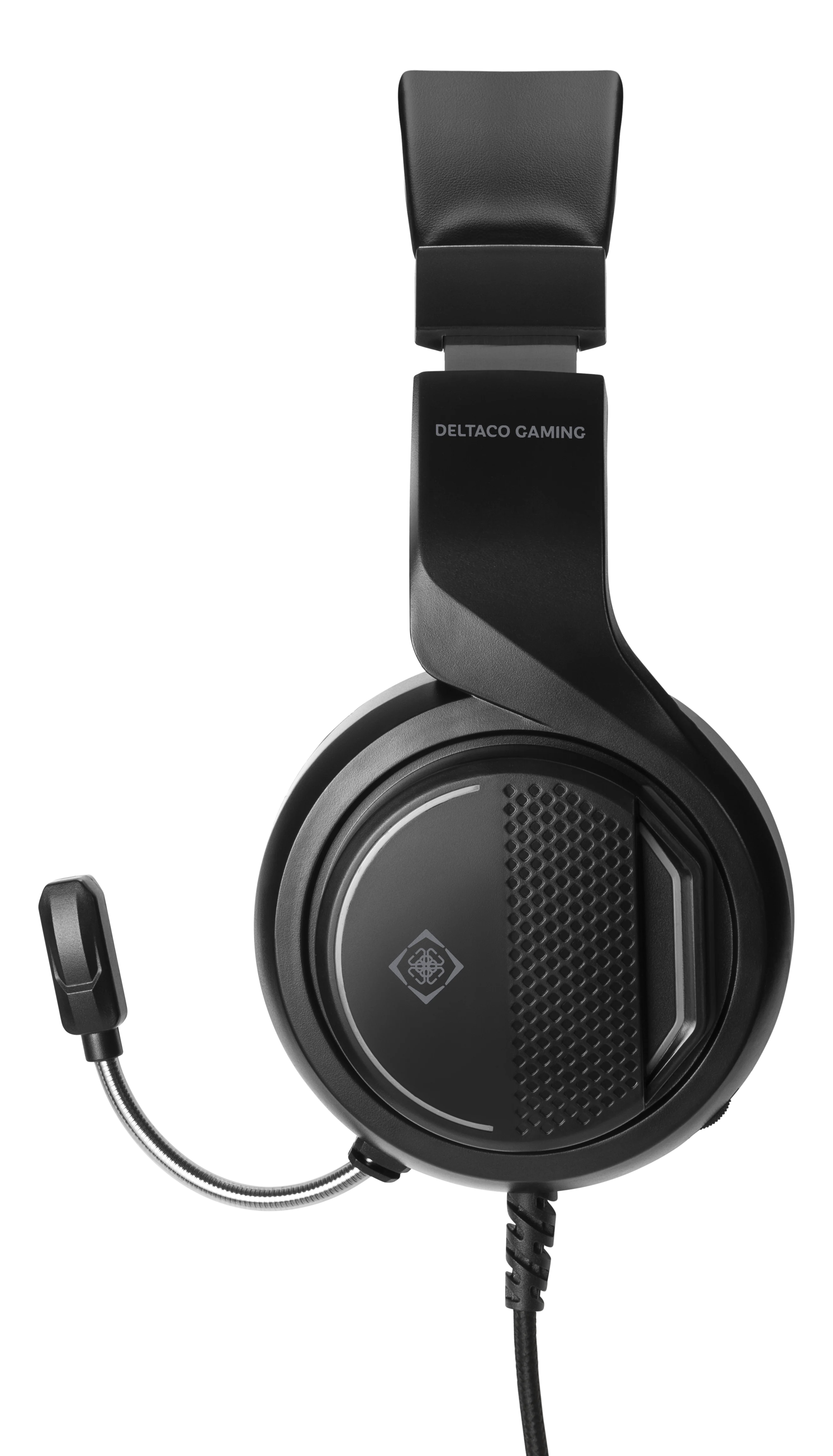 Schwarzer Gaming-Kopfhörer mit Mikrofon und Kabel, weißer Hintergrund.