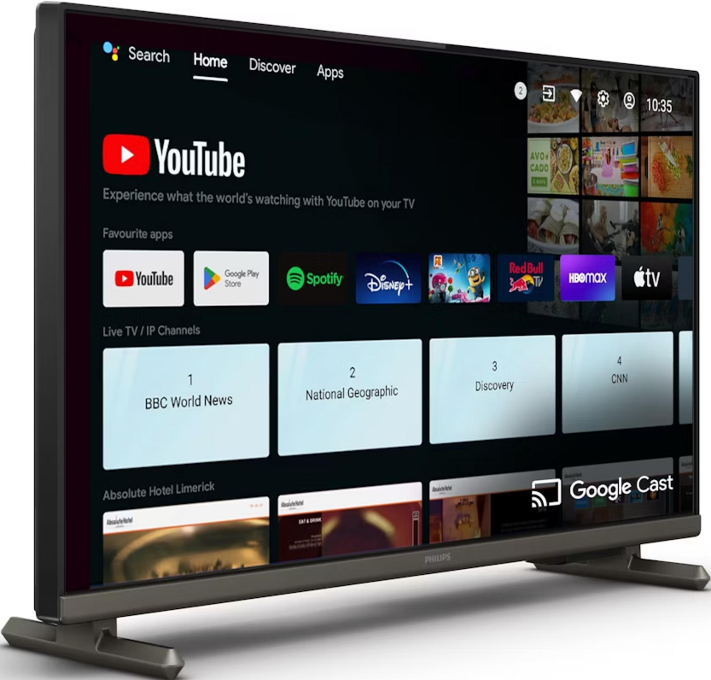 Ein Fernsehbildschirm zeigt eine YouTube-Startseite mit Apps und Kanälen.