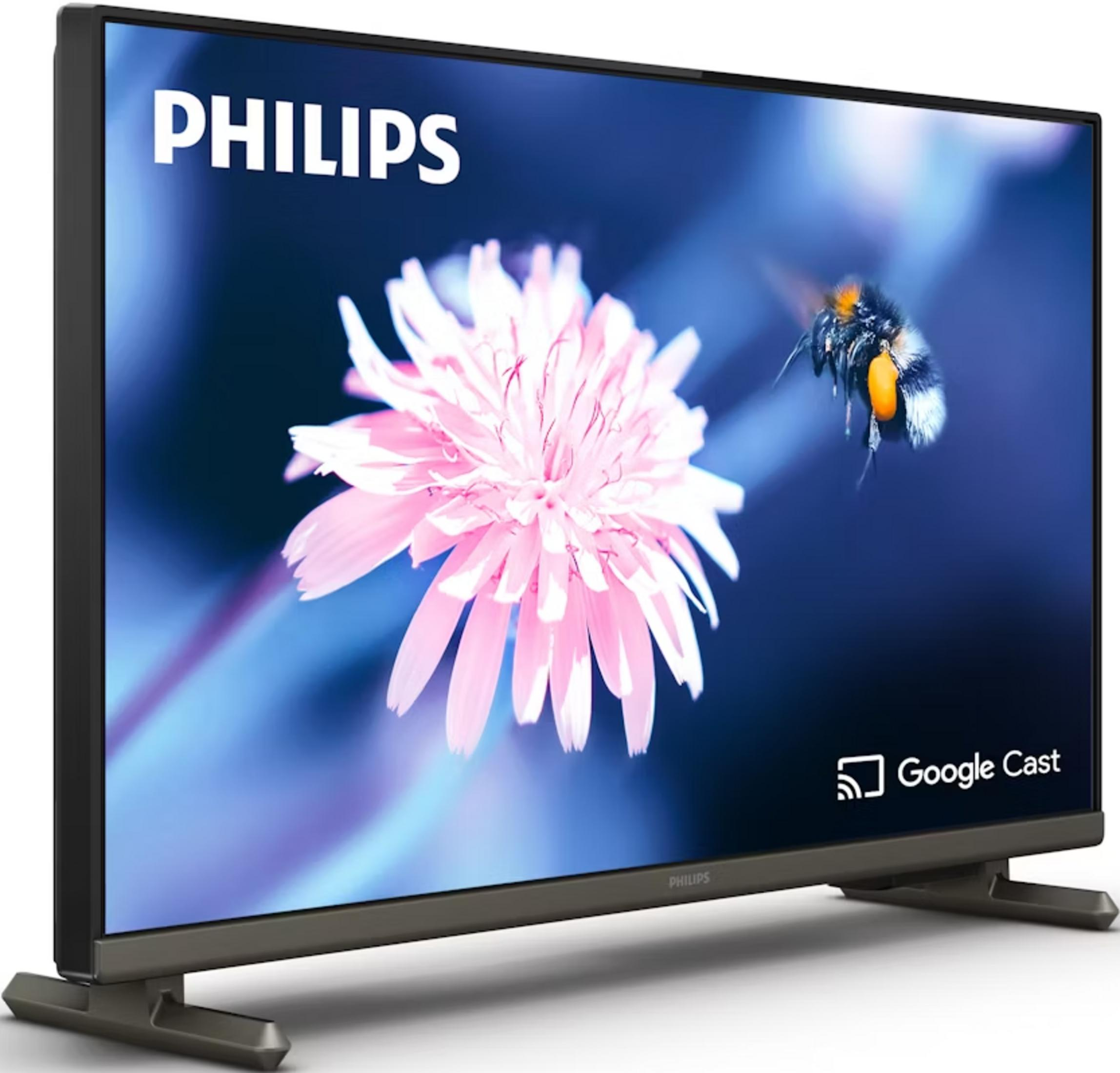 Philips TV zeigt eine rosa Blume und eine Biene mit Google Cast Logo.