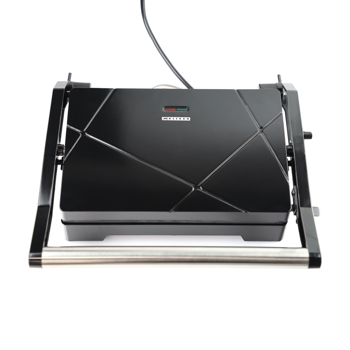 Czarny grill kontaktowy ze srebrną rączką i logo Melissa.