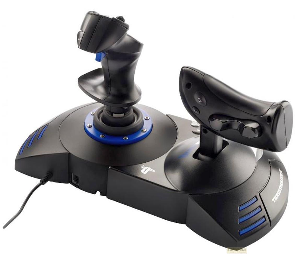 Czarny joystick do gier z niebieskimi akcentami i osobną przepustnicą.
