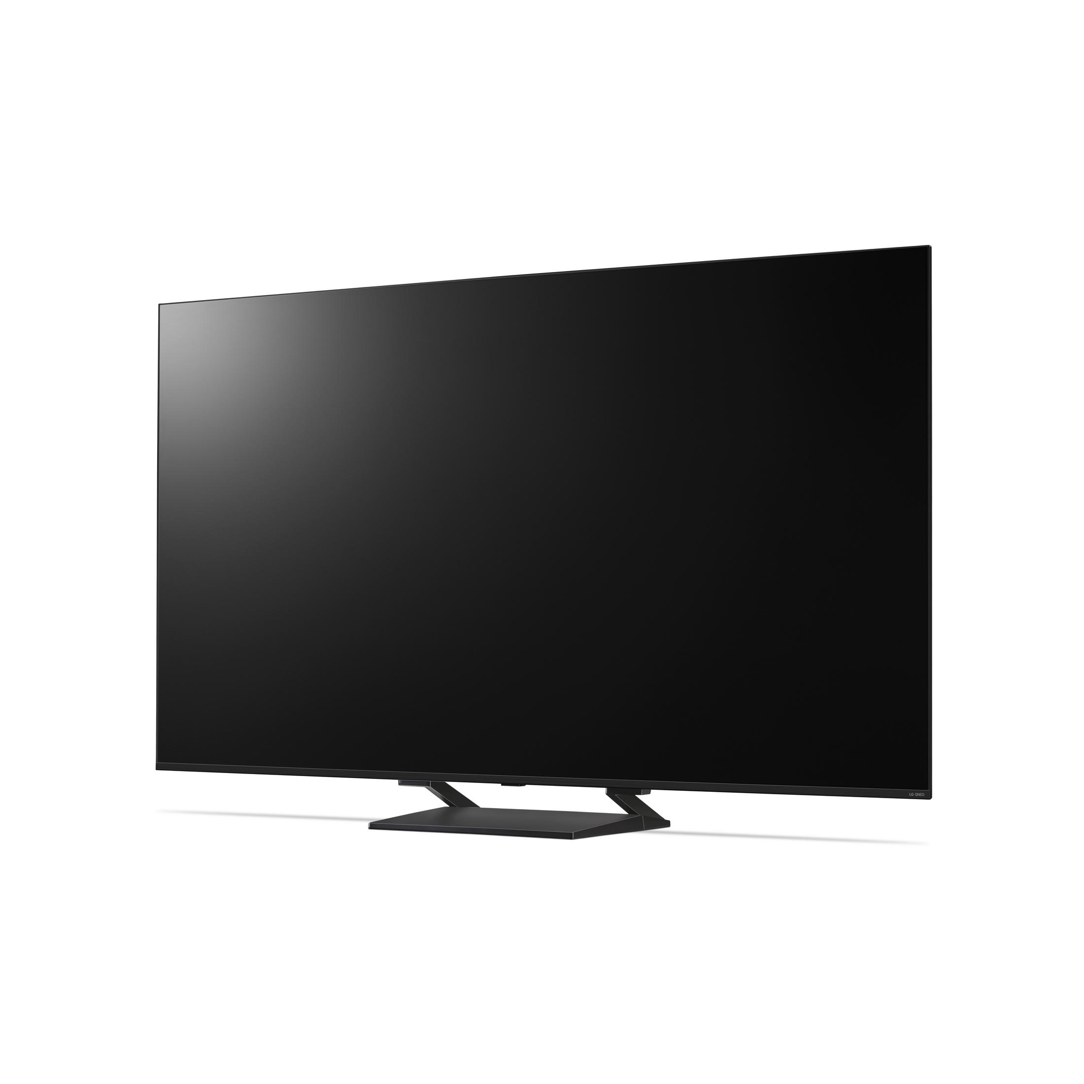 Ein moderner schwarzer Fernseher mit einem schlanken Ständer auf weißem Hintergrund.