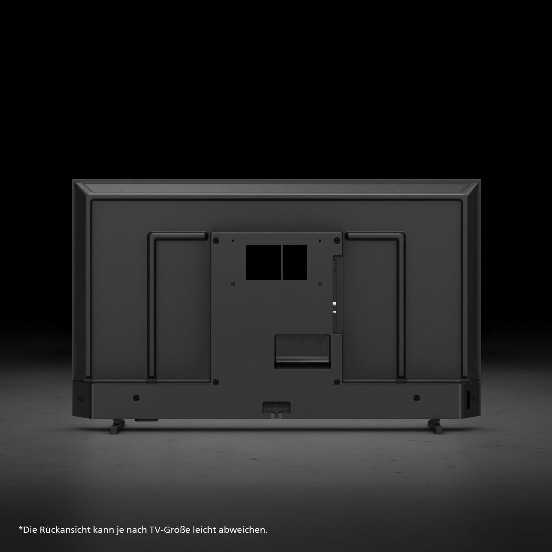 Tył czarnego telewizora z portami i stopkami. Minimalistyczny design.