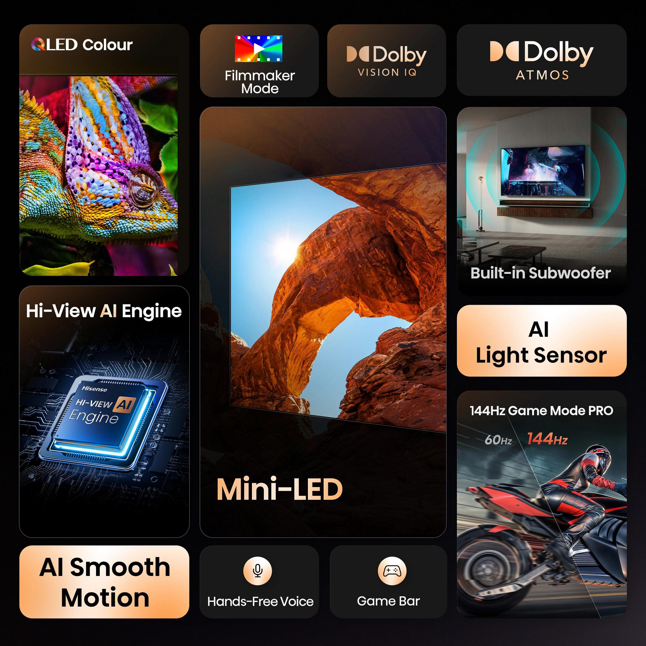 Funkcje TV: QLED, Tryb Filmowca, Dolby Vision IQ/Atmos, Mini-LED, silnik AI, subwoofer, czujnik światła.