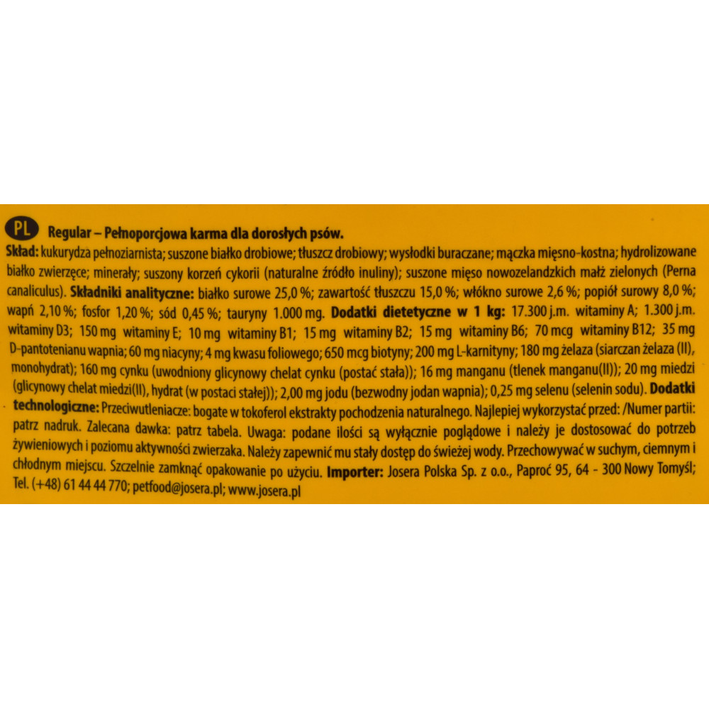 Informacje o produkcie karmy dla psów. Zawiera skład, analizę składników i dodatki.