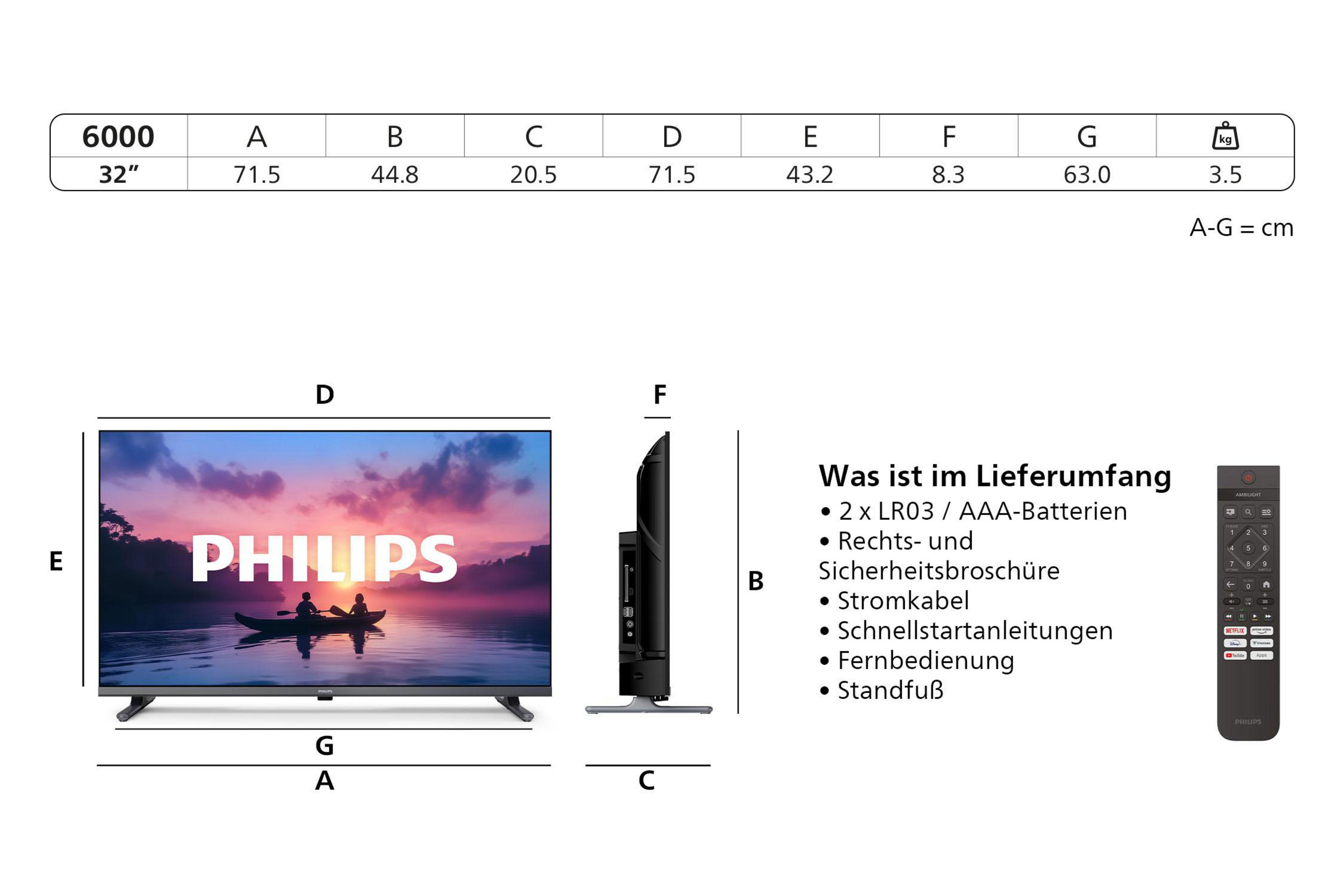 Telewizor Philips 32" z pilotem, specyfikacją i akcesoriami.