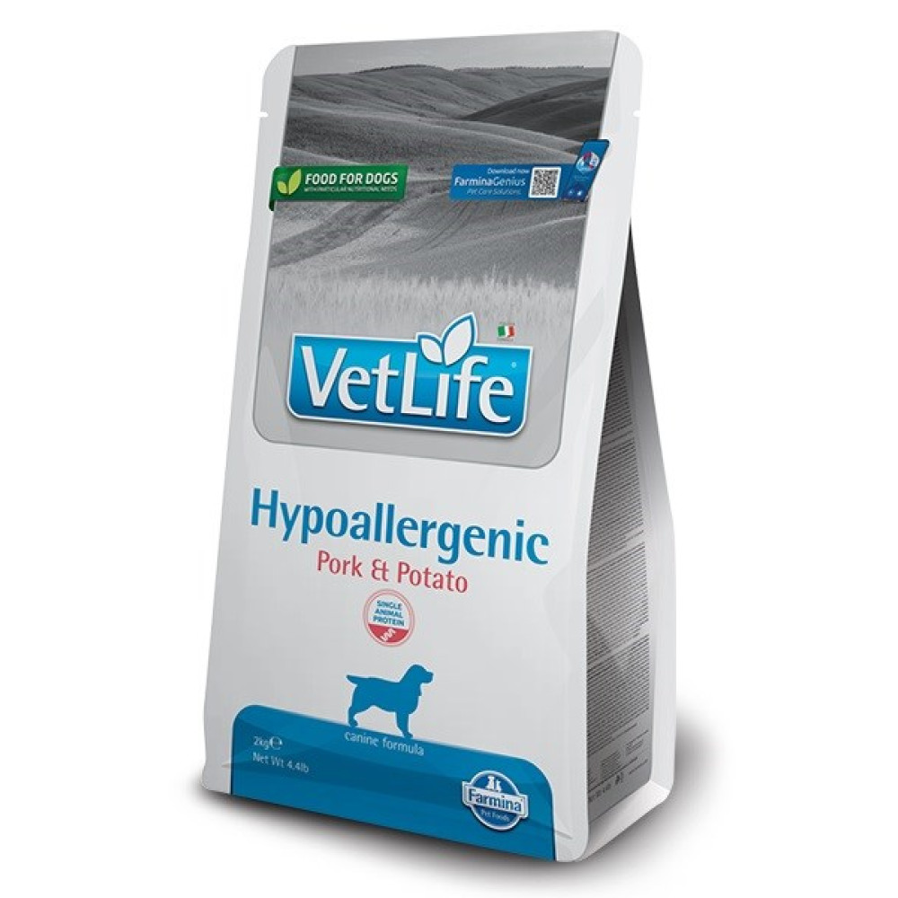 Torba karmy dla psów: VetLife Hipoalergiczna Wieprzowina i Ziemniak, 2kg.