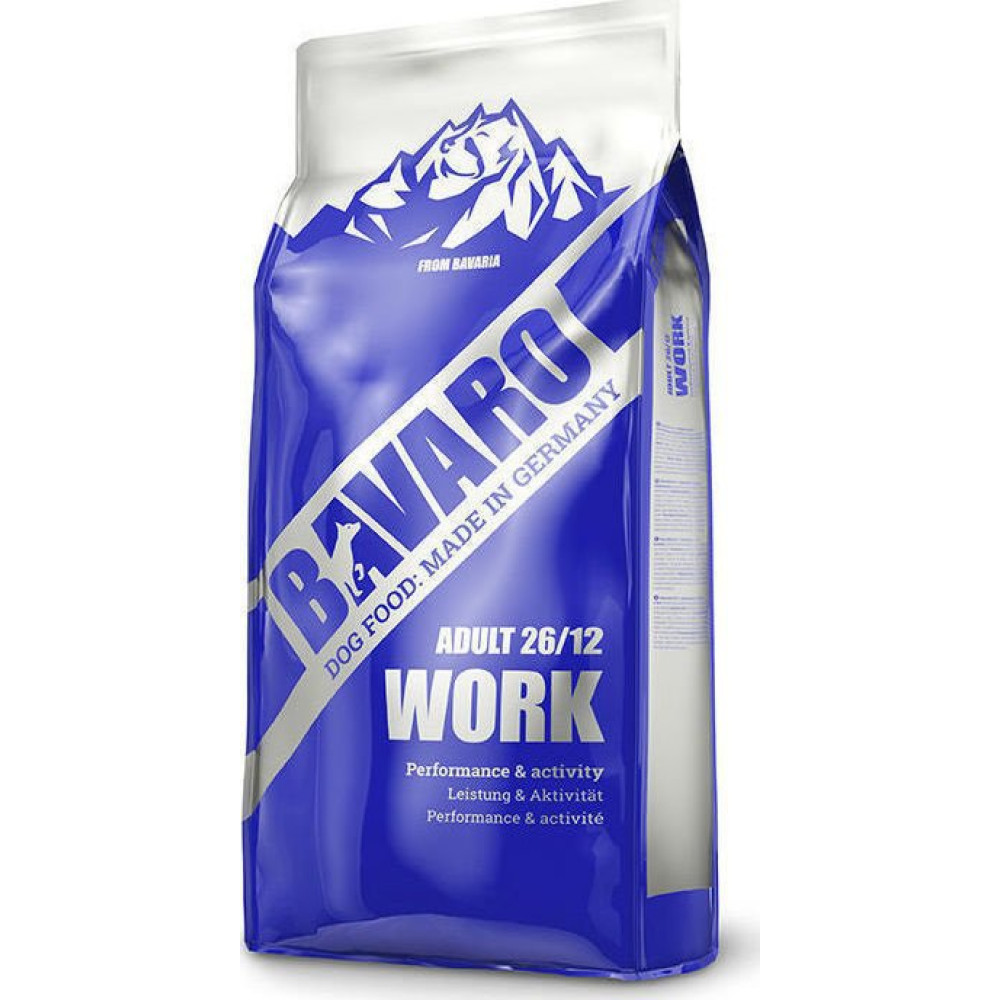 Niebieska torba z karmą dla psów z górami i logo.