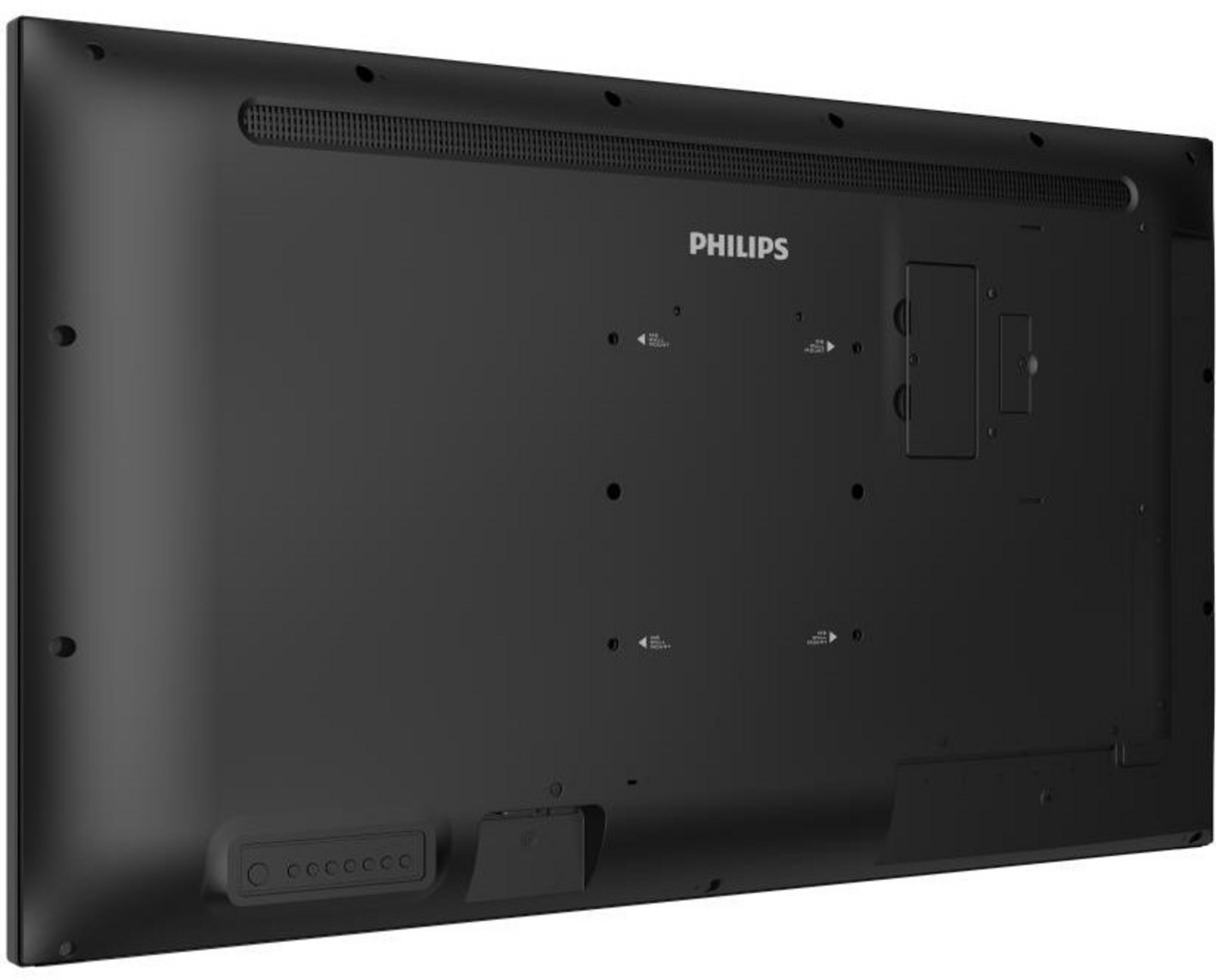 Achterkant van een zwarte Philips TV met poorten en ventilatieopeningen.